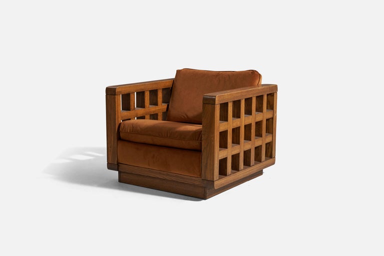 Mid-Century Modern American Designer, Lounge Chair, Oak, Brown Velvet, United States, 1940s For Sale