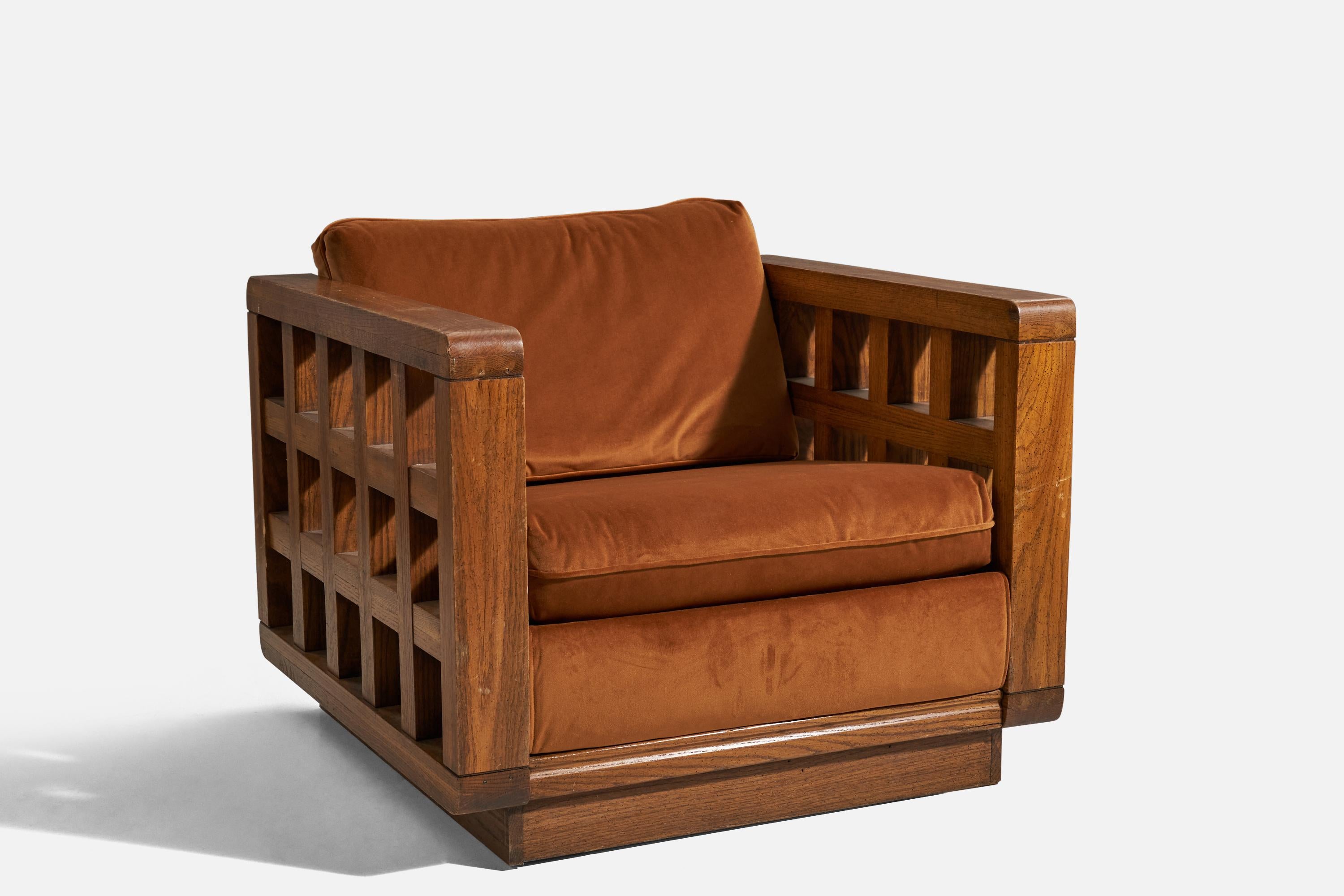American Designer, Lounge Chair, Oak, Brown Velvet, United States, 1940s 1