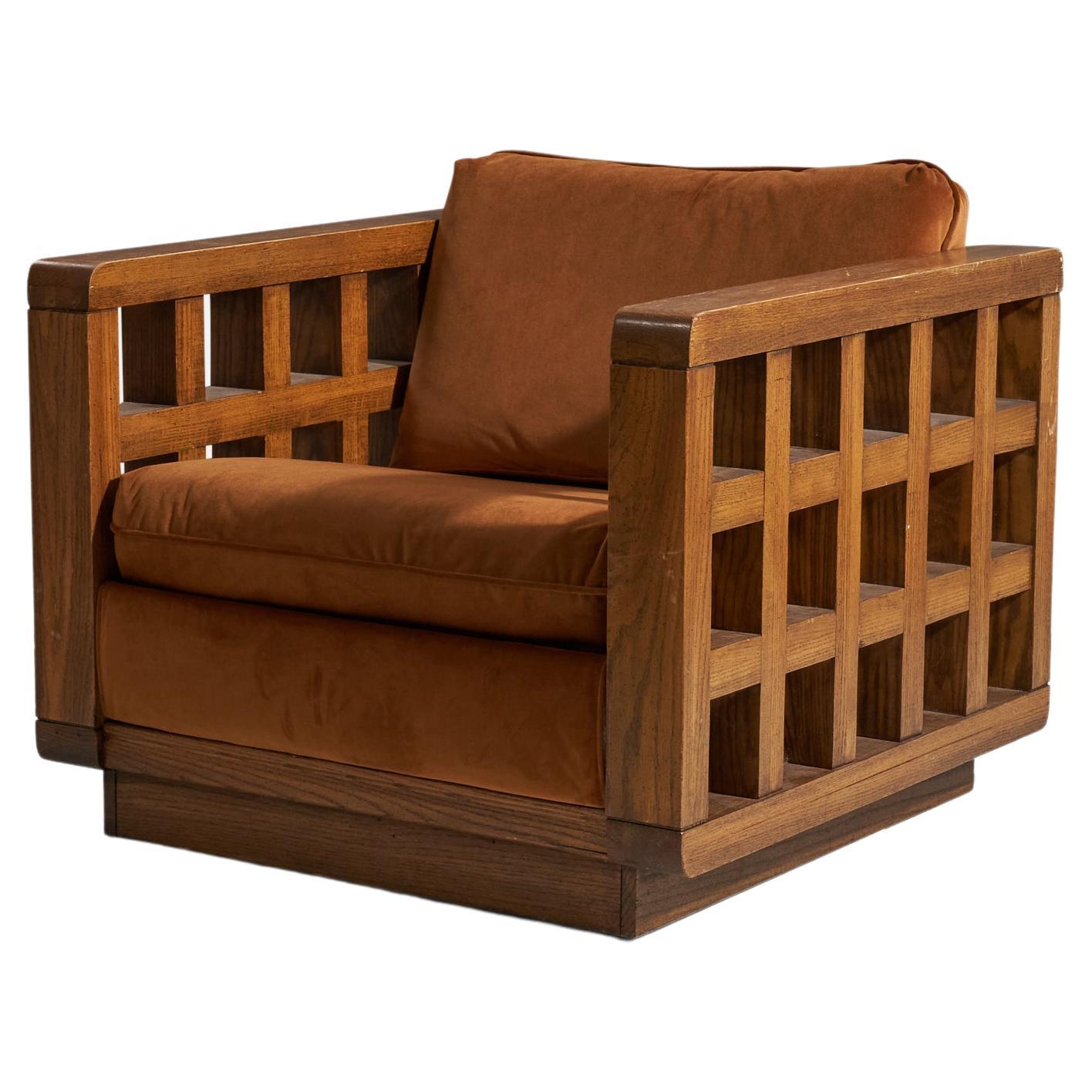 American Designer, Lounge Chair, Oak, Brown Velvet, United States, 1940s
