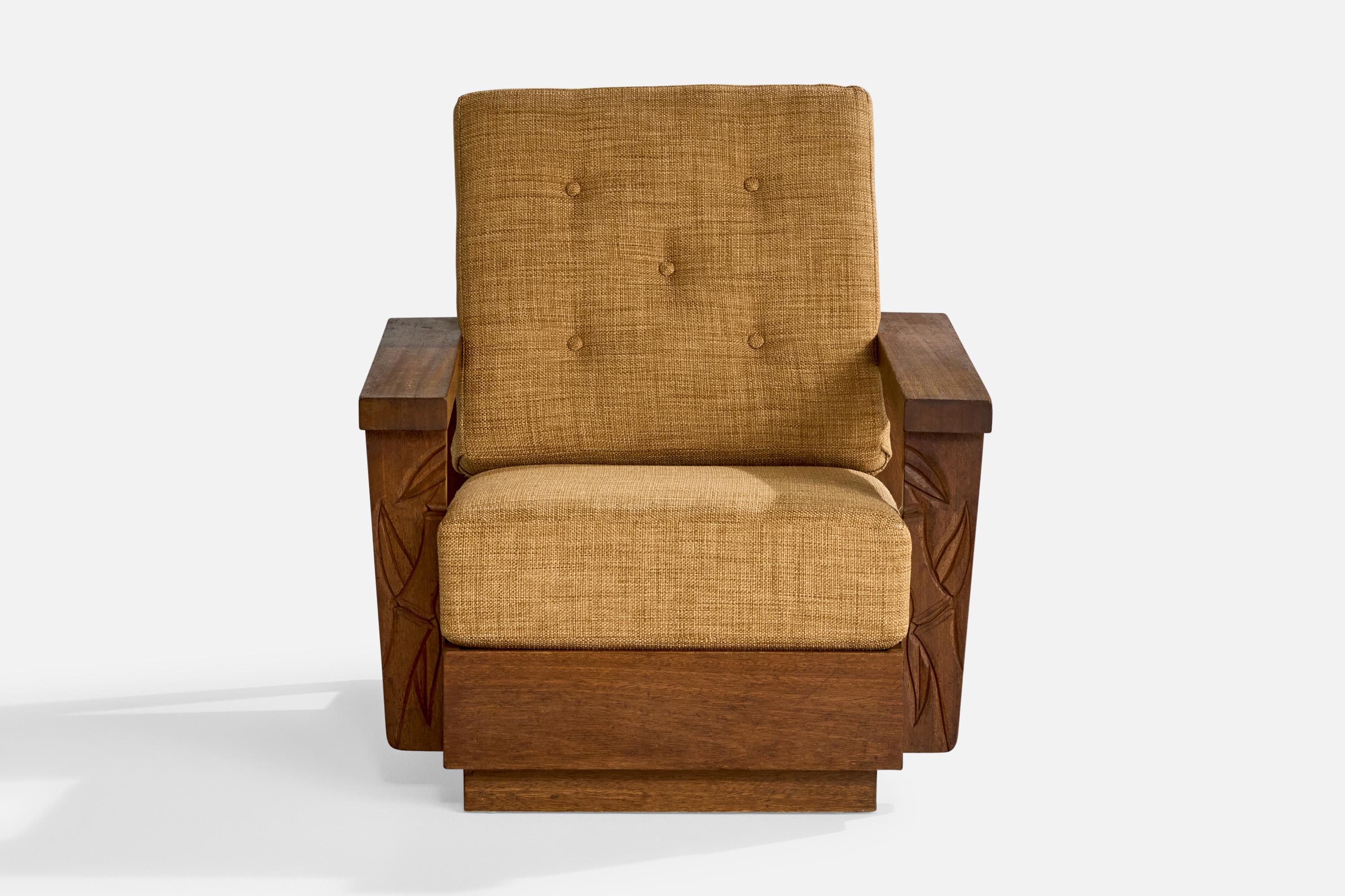 Mid-Century Modern American Designer, Lounge Chair, Oak, Fabric, USA, 1950s For Sale