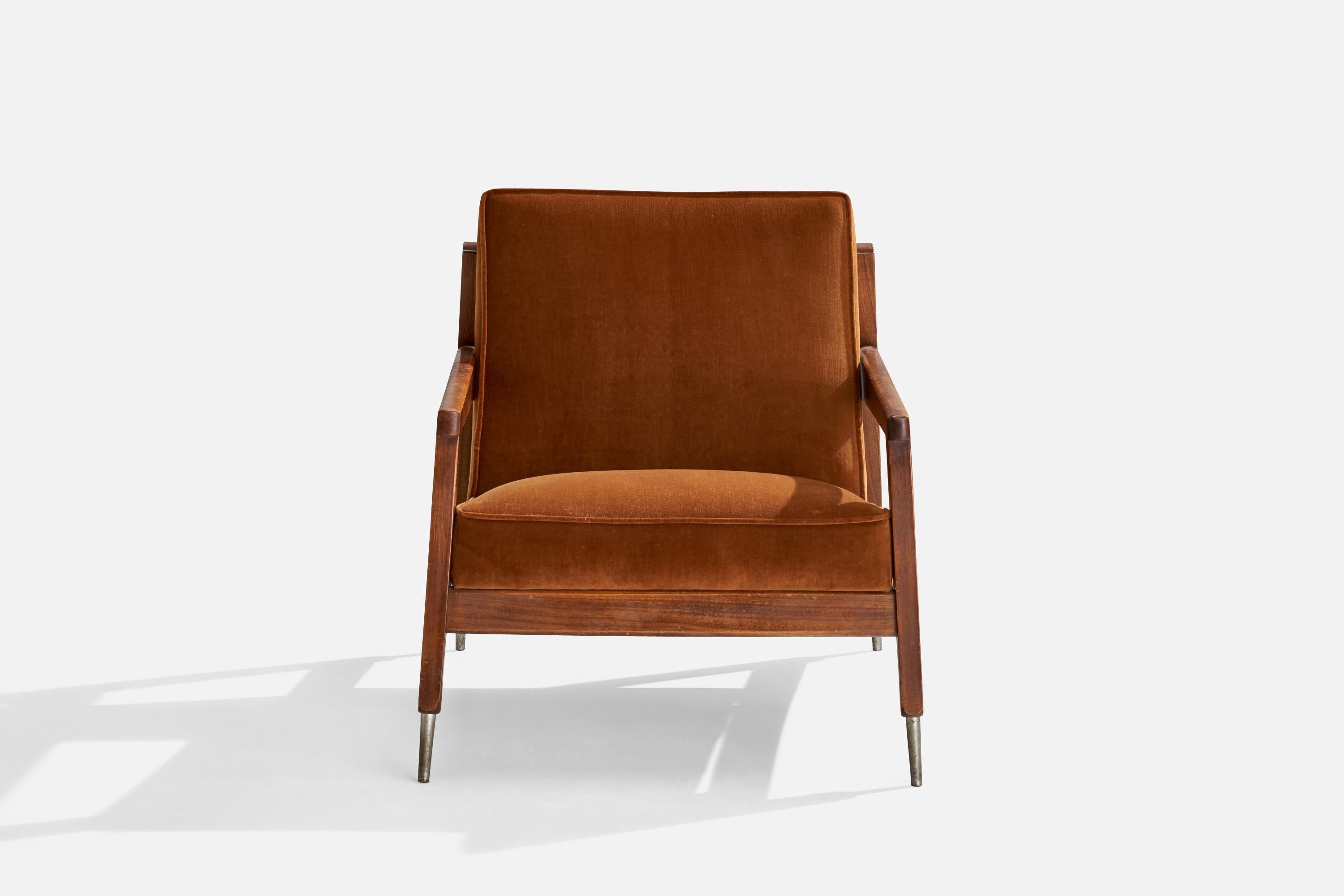 Mid-20th Century American Designer, Lounge Chair, Oak, Velvet, Aluminum, USA, 1950s For Sale