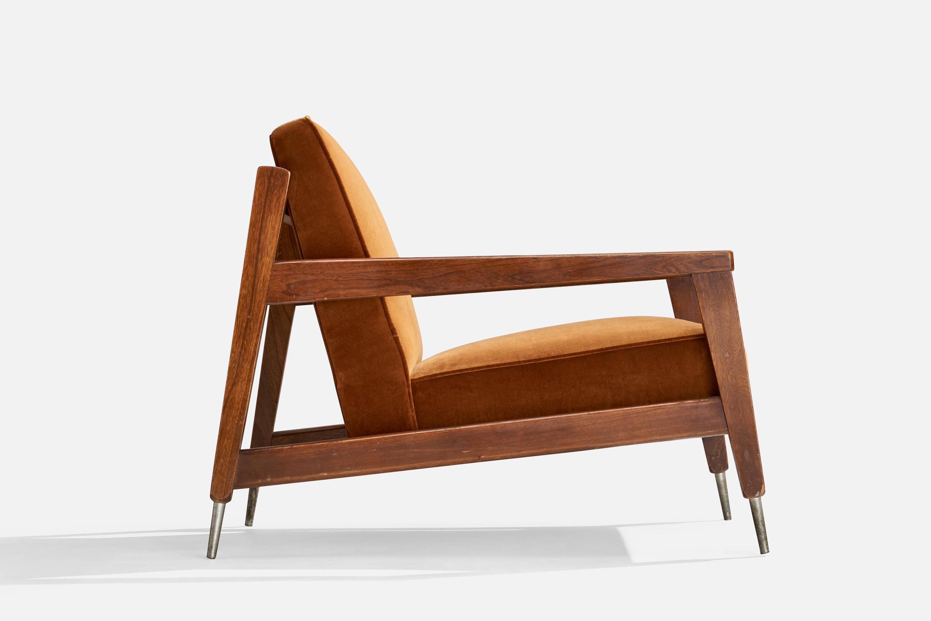 American Designer, Lounge Chair, Oak, Velvet, Aluminum, USA, 1950s For Sale 2