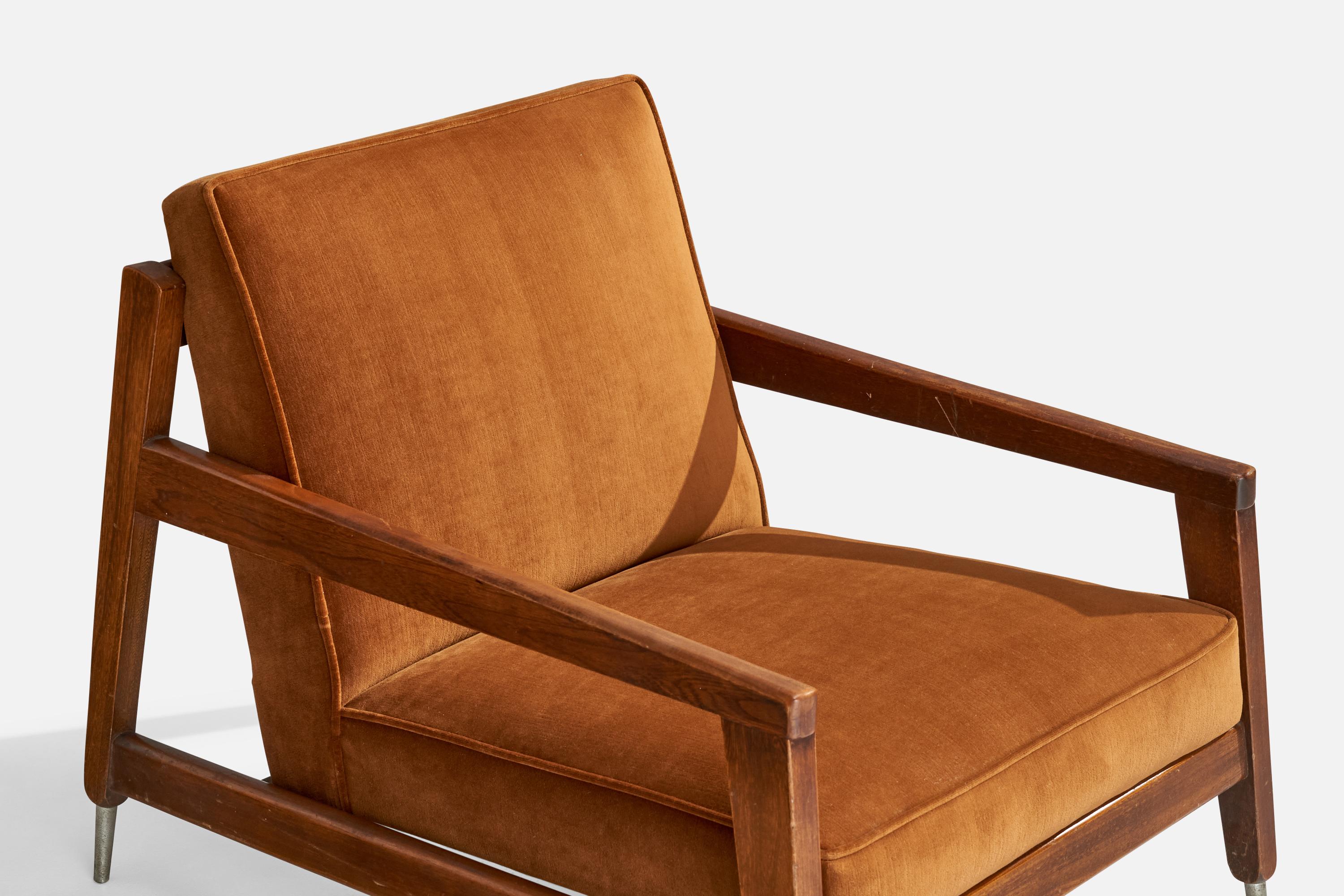 American Designer, Lounge Chair, Oak, Velvet, Aluminum, USA, 1950s For Sale 3