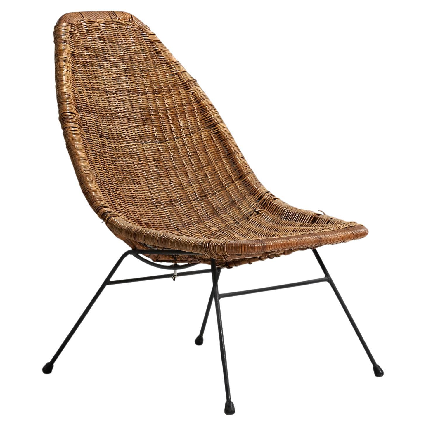 American Designer, Lounge Chair, Rattan, Metal, United States, 1950s For Sale