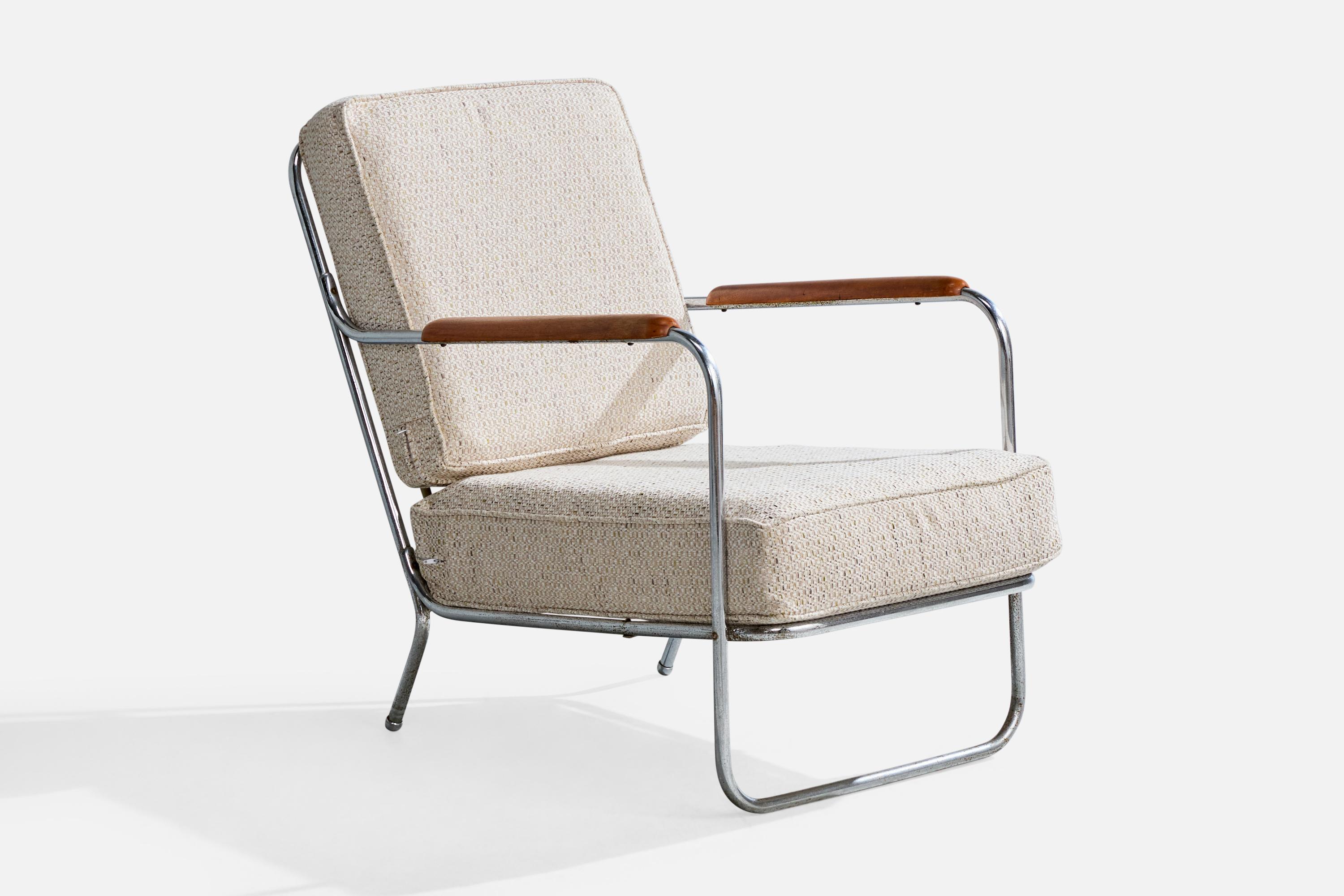 Mid-Century Modern American Designer, Lounge Chair, Steel, Wood, Fabric, USA, 1930s For Sale