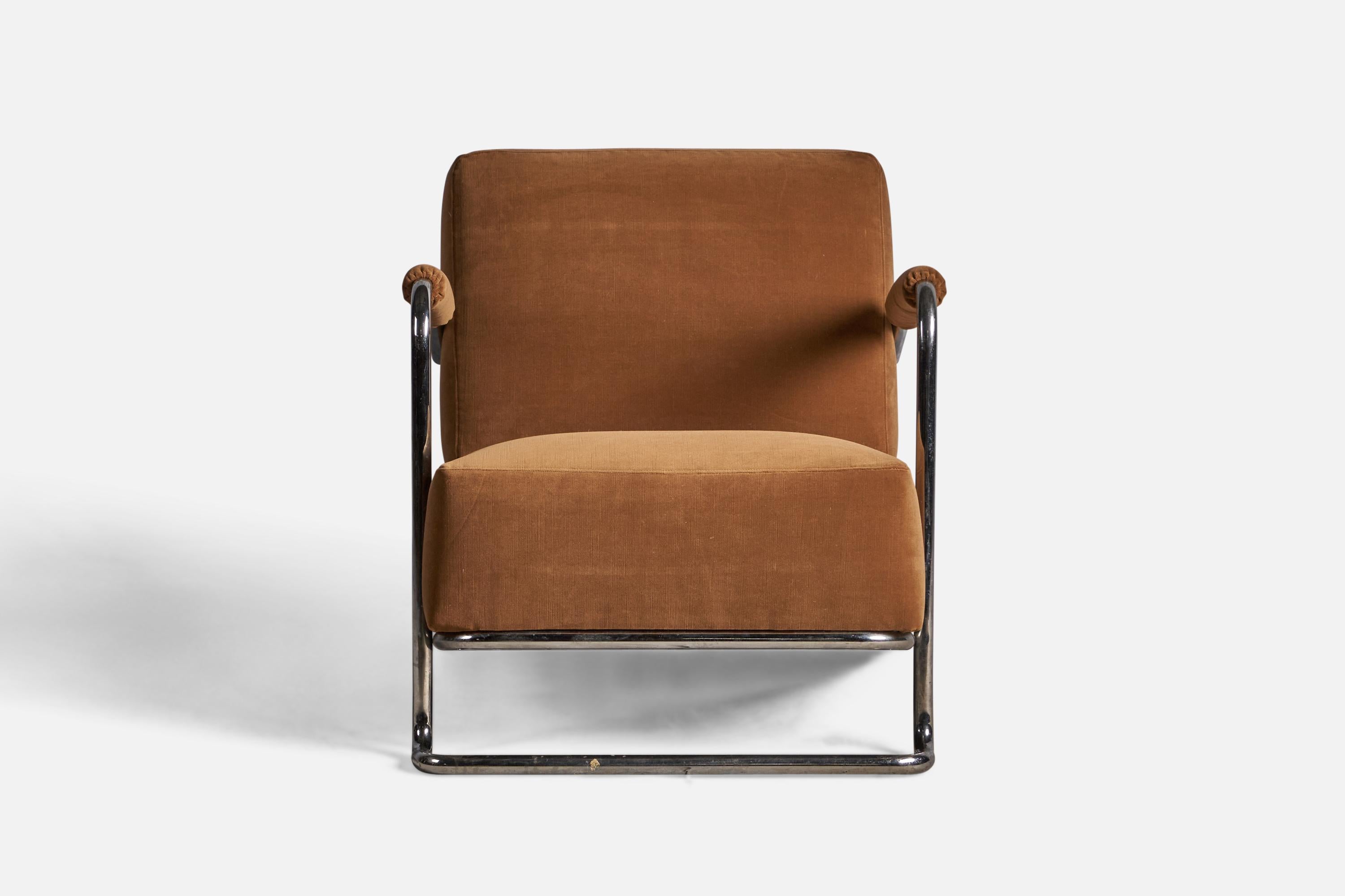 Machine Age René Coquery, Lounge Chair, Tubular Steel, Velvet, France, 1930s