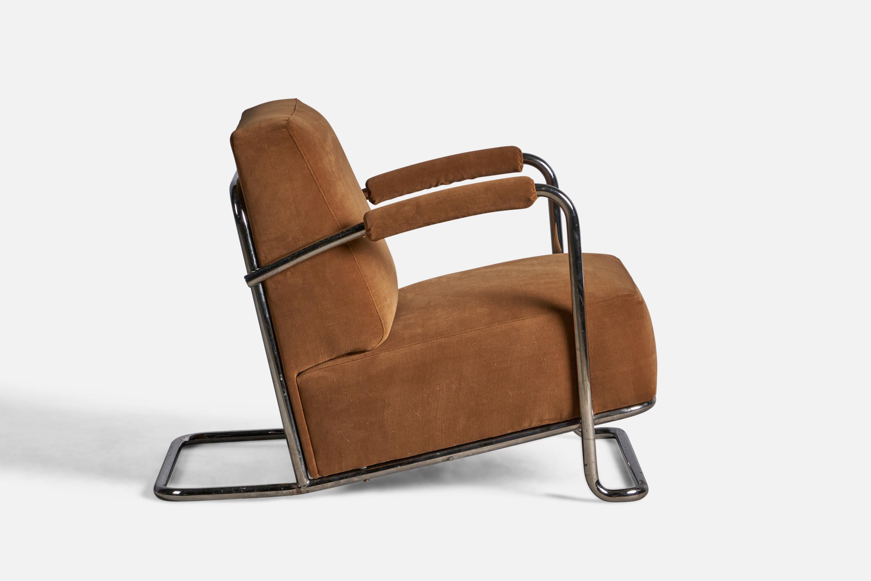 French René Coquery, Lounge Chair, Tubular Steel, Velvet, France, 1930s