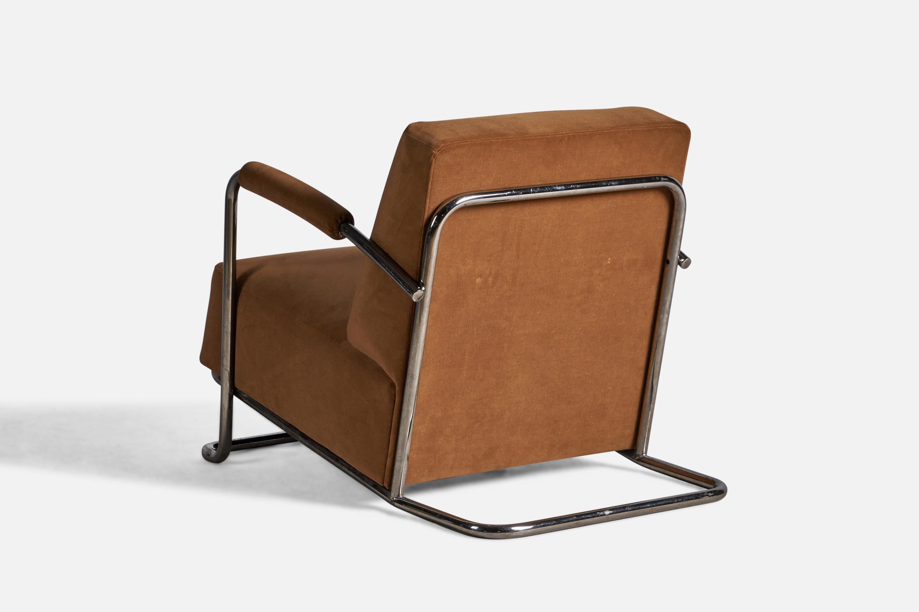 René Coquery, Lounge Chair, Tubular Steel, Velvet, France, 1930s In Good Condition In High Point, NC
