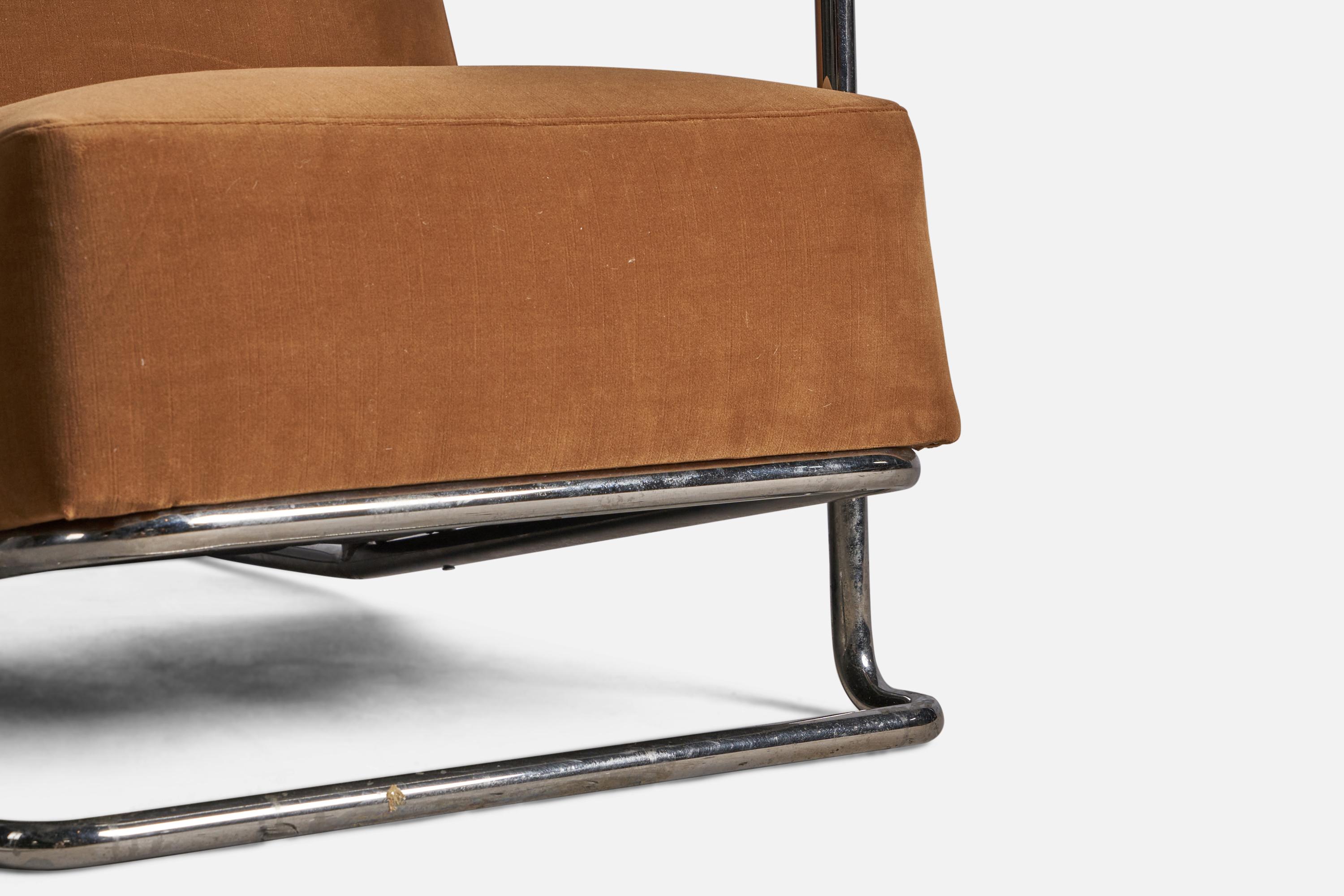 Mid-20th Century René Coquery, Lounge Chair, Tubular Steel, Velvet, France, 1930s