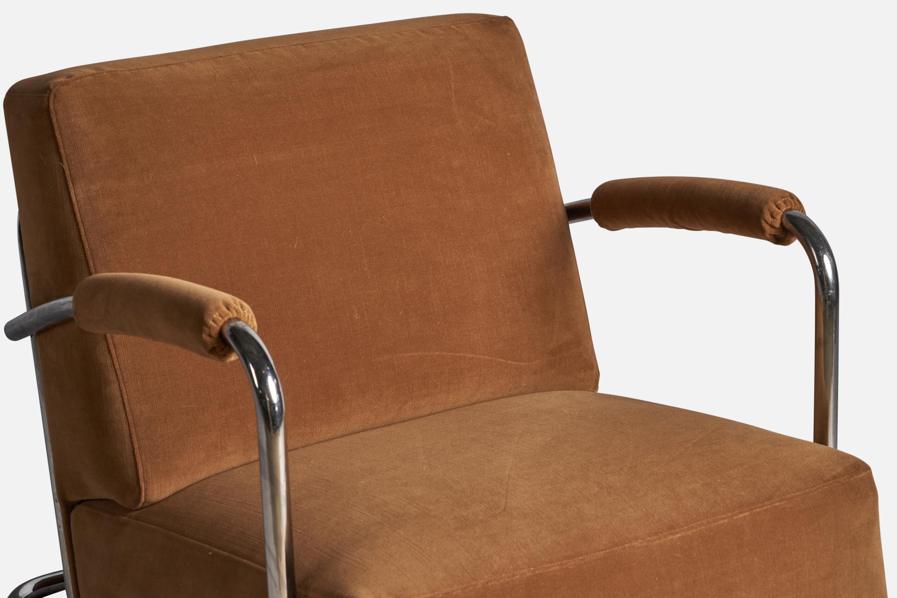 René Coquery, Lounge Chair, Tubular Steel, Velvet, France, 1930s 1