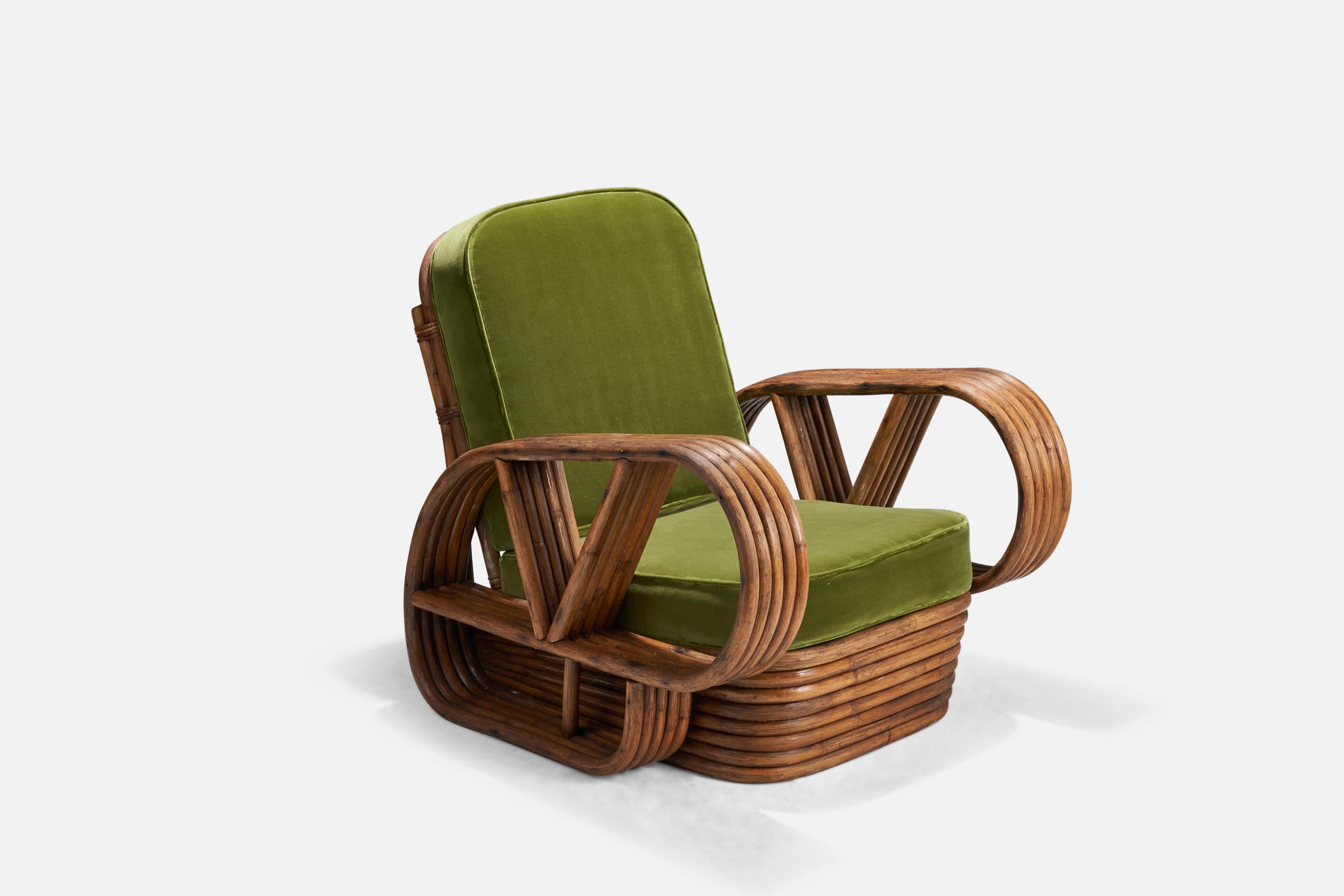 A velvet and moulded bamboo lounge chair designed and produced by an American Designer, USA, 1940s.