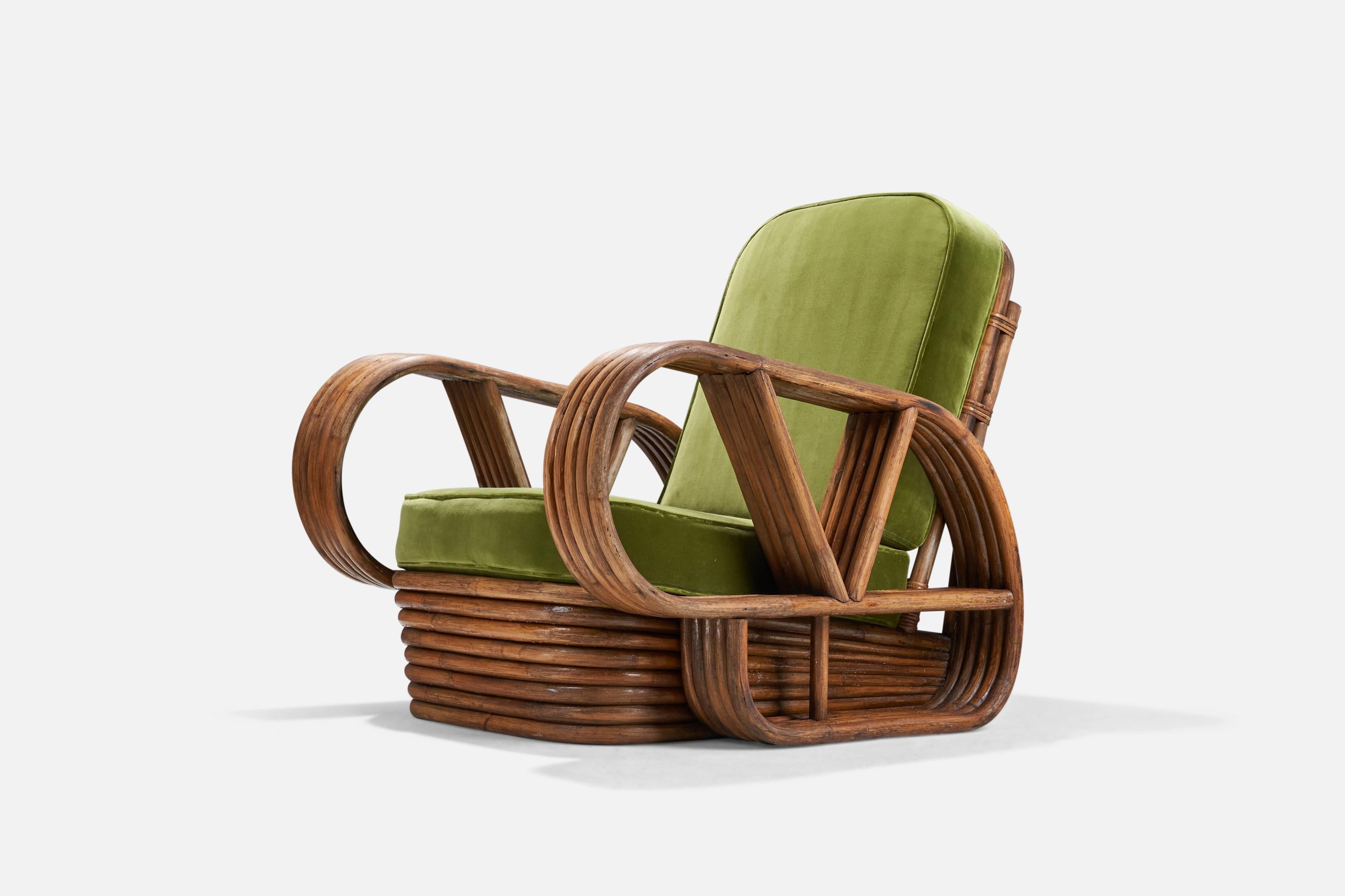 Mid-Century Modern American Designer, Lounge Chair, Velvet, Moulded Bamboo, USA, 1940s