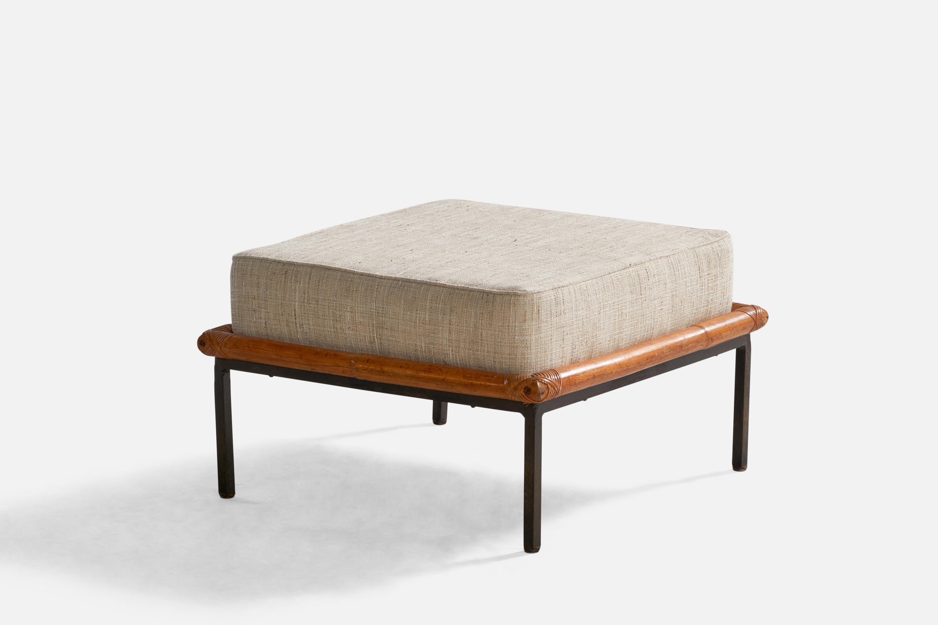 American Designer, Lounge Chair w Ottoman, Iron, Bamboo, Fabric, USA, 1950s For Sale 5