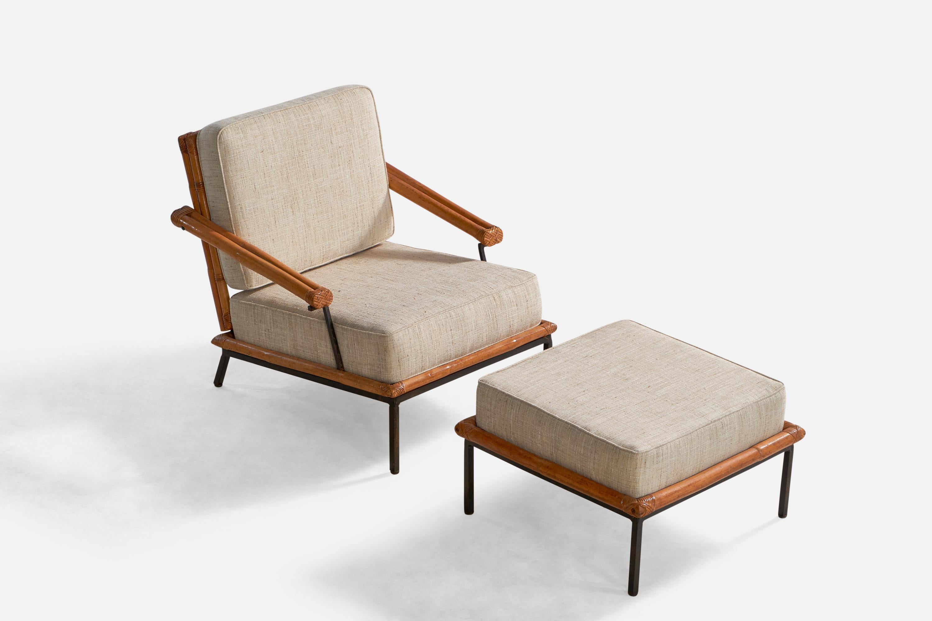 A black-painted iron, bamboo and off-white fabric lounge chair with ottoman designed and produced in the US, 1950s. 

Seat height: 15.75”
Dimensions of ottoman: 15” H x 25” W x 25.25” D