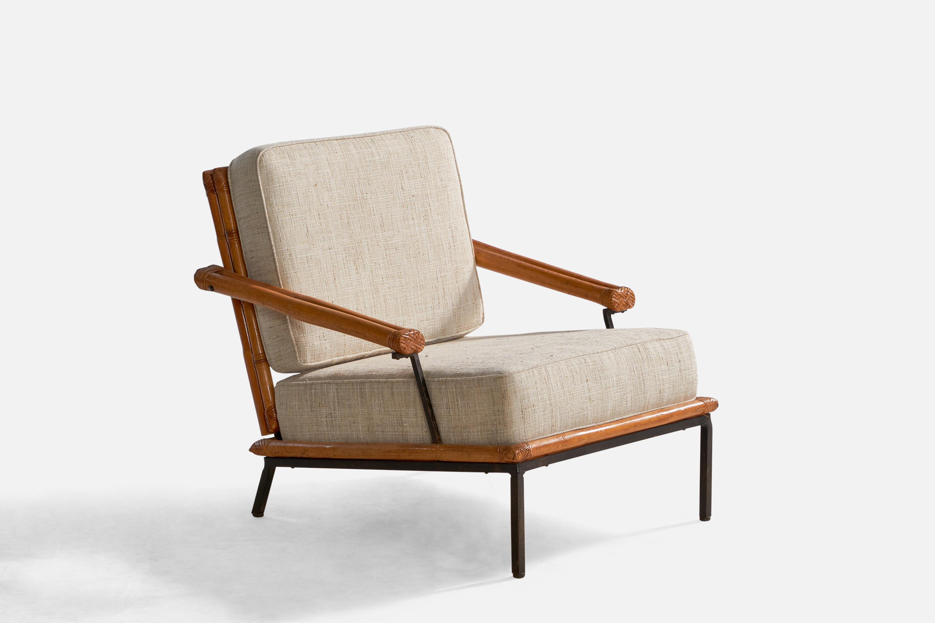 Mid-Century Modern American Designer, Lounge Chair w Ottoman, Iron, Bamboo, Fabric, USA, 1950s