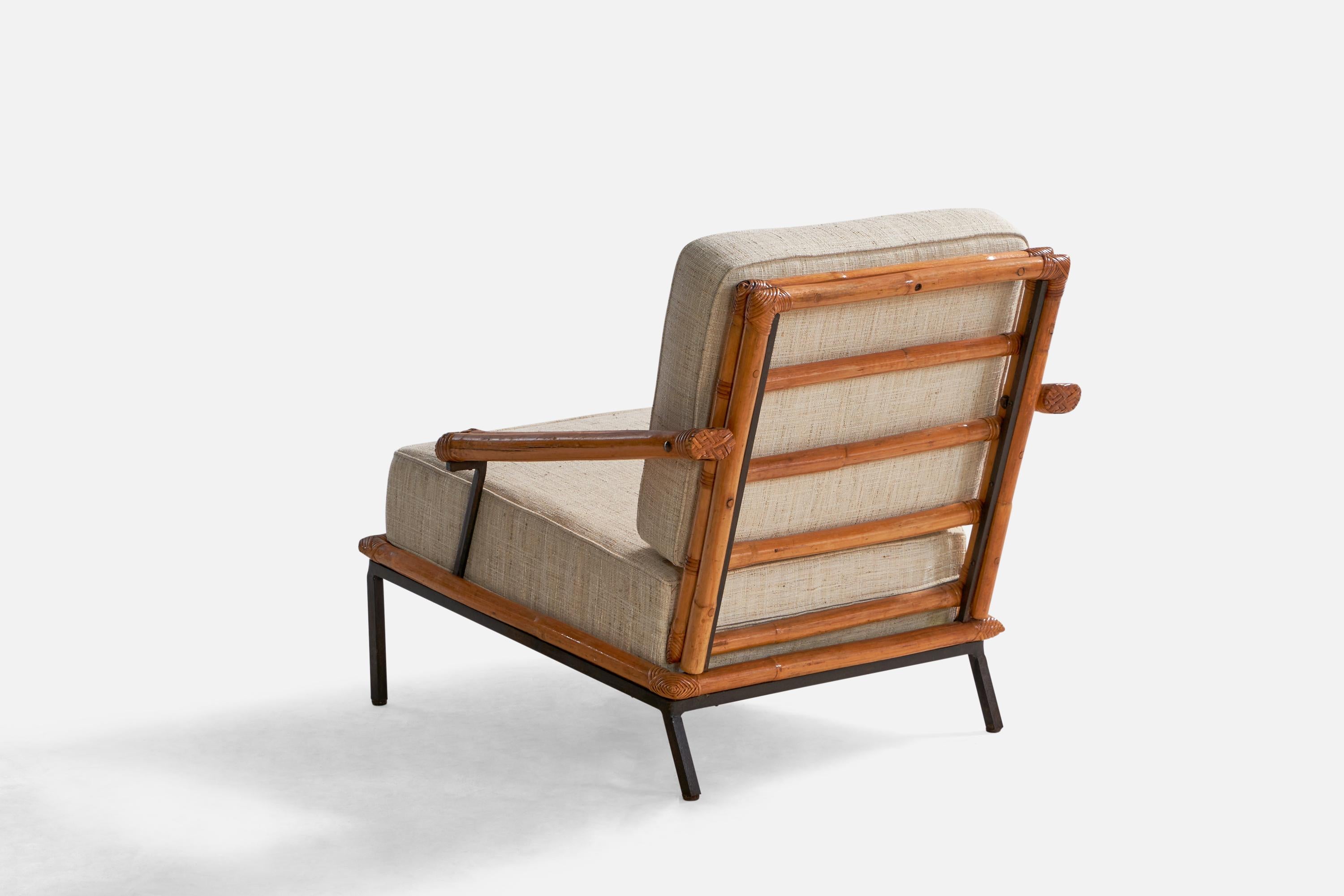 Mid-20th Century American Designer, Lounge Chair w Ottoman, Iron, Bamboo, Fabric, USA, 1950s For Sale