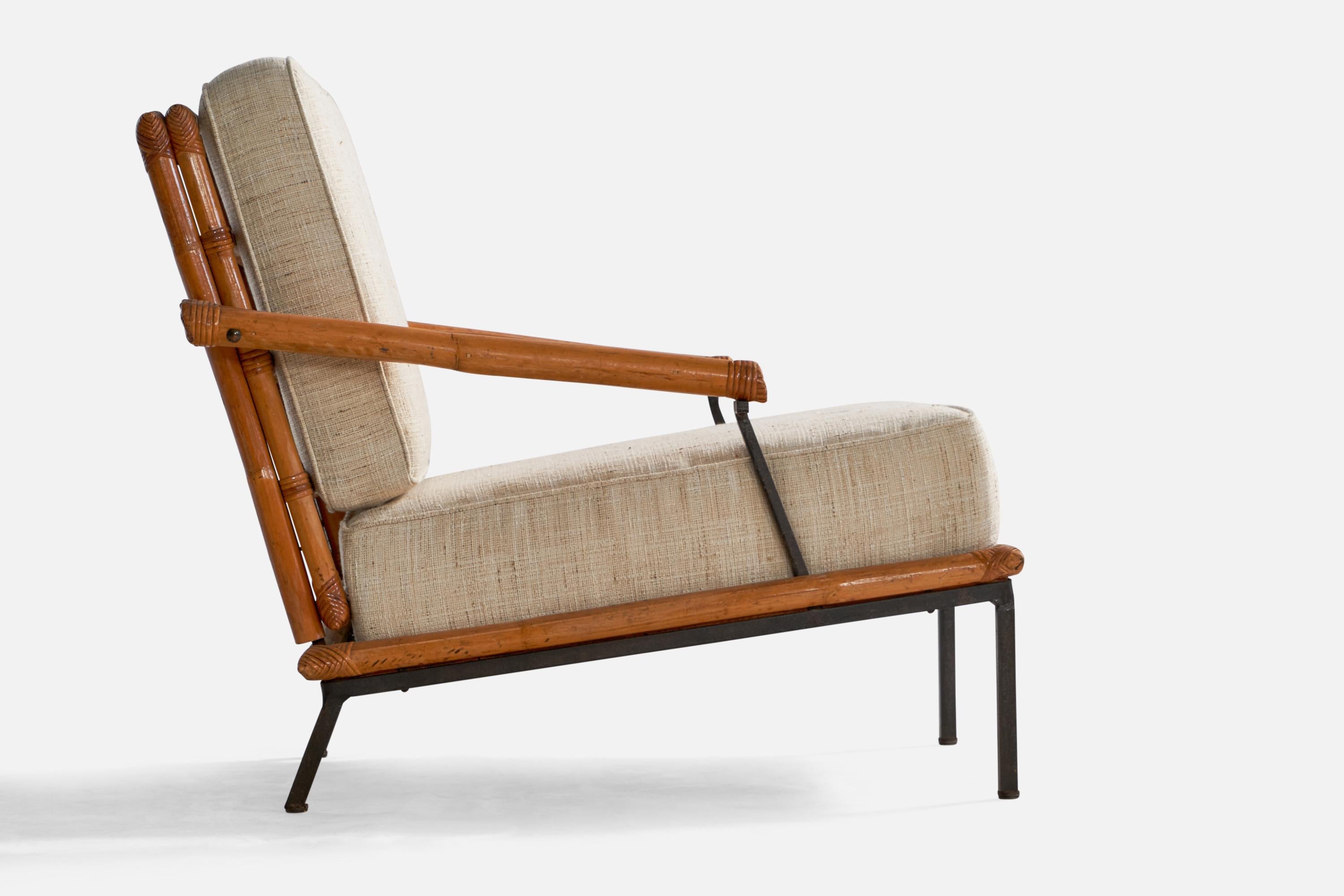 American Designer, Lounge Chair w Ottoman, Iron, Bamboo, Fabric, USA, 1950s For Sale 1