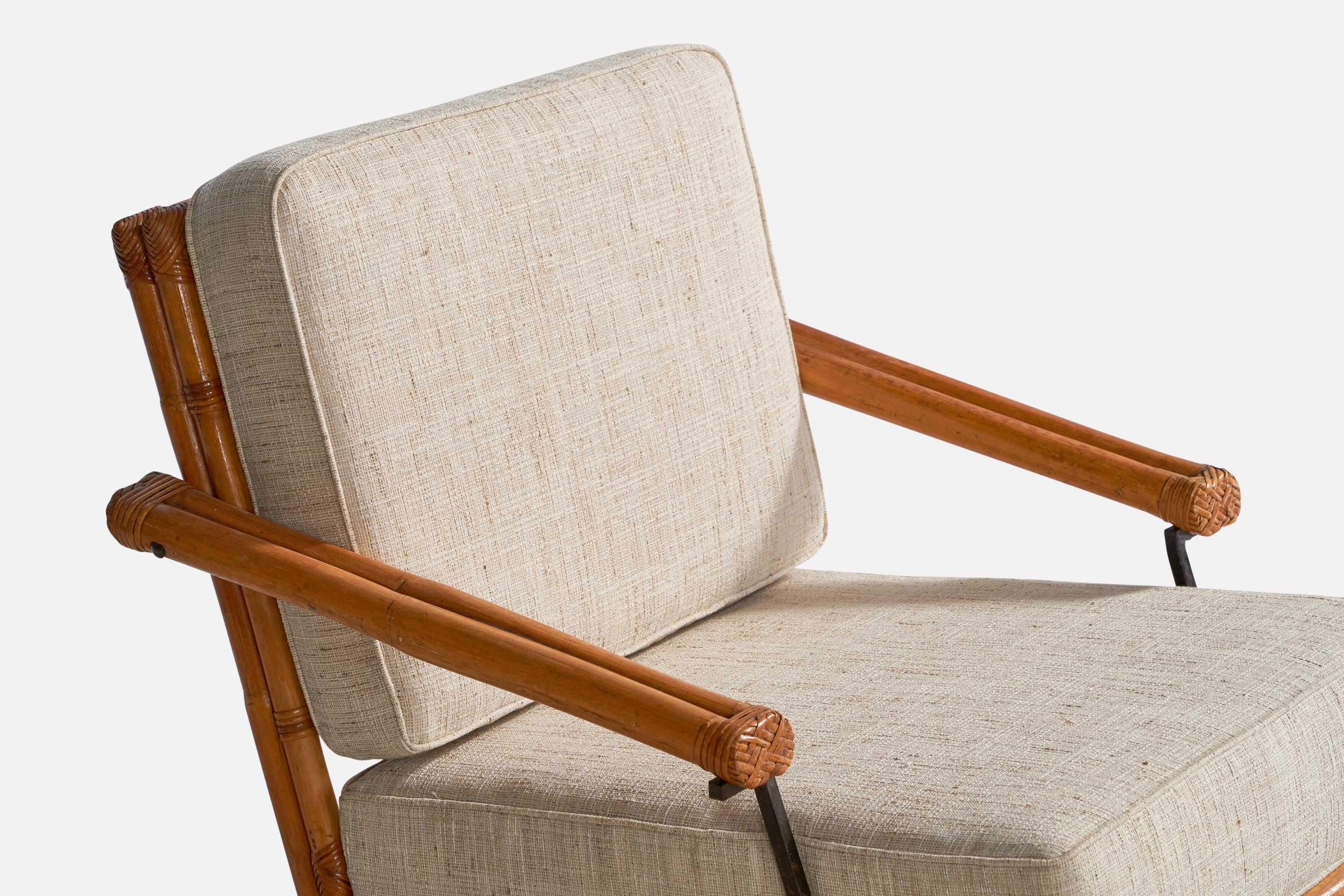 American Designer, Lounge Chair w Ottoman, Iron, Bamboo, Fabric, USA, 1950s For Sale 3