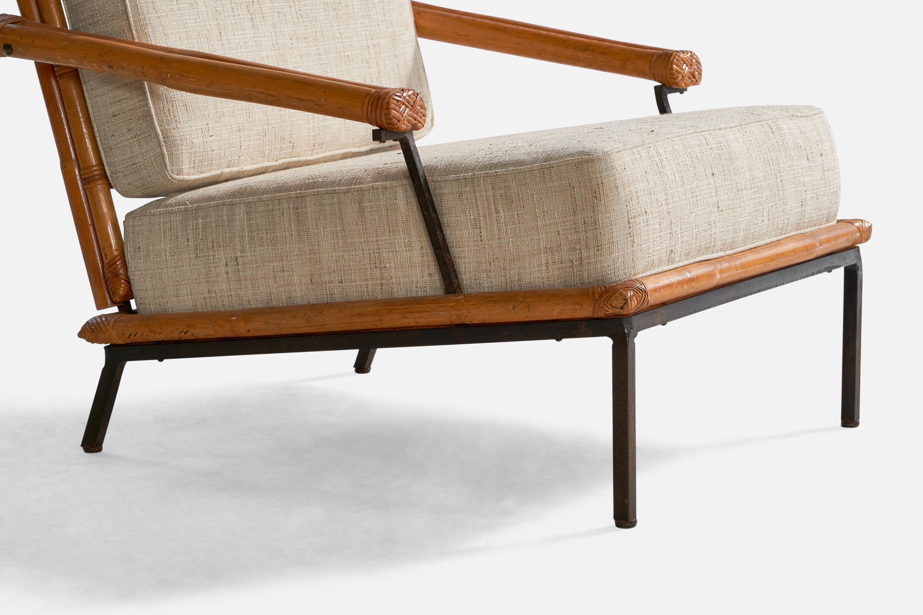 American Designer, Lounge Chair w Ottoman, Iron, Bamboo, Fabric, USA, 1950s For Sale 4