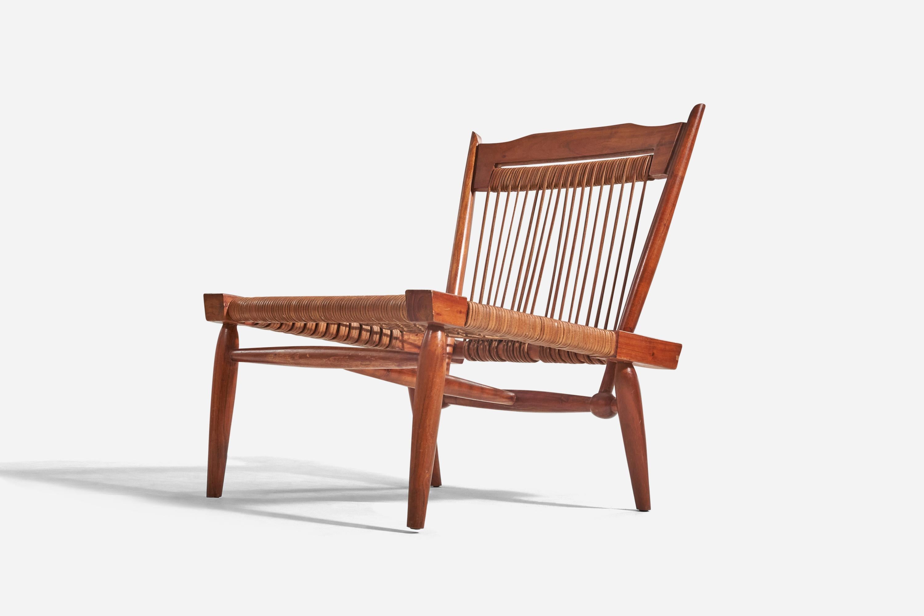 Mid-Century Modern American Designer, Lounge Chair, Walnut, Cane, United States, 1960s For Sale