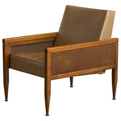 American Designer, Lounge Chair, Walnut, Cane, Vinyl, USA, 1950s