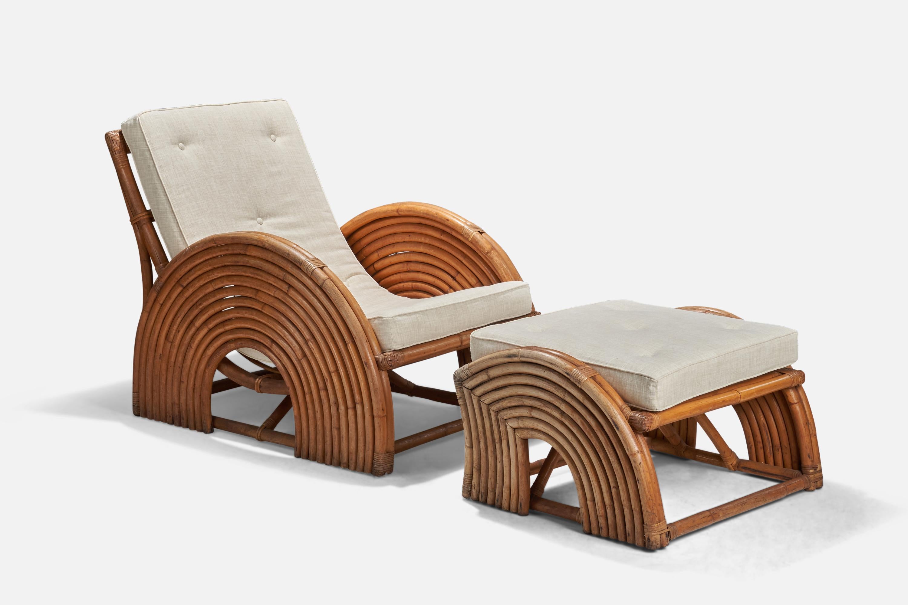 A moulded bamboo, rattan and fabric lounge chair with ottoman designed and produced by an American Designer, USA, 1940s.

Seat 
H = 16.8
W = 27
D = 23.