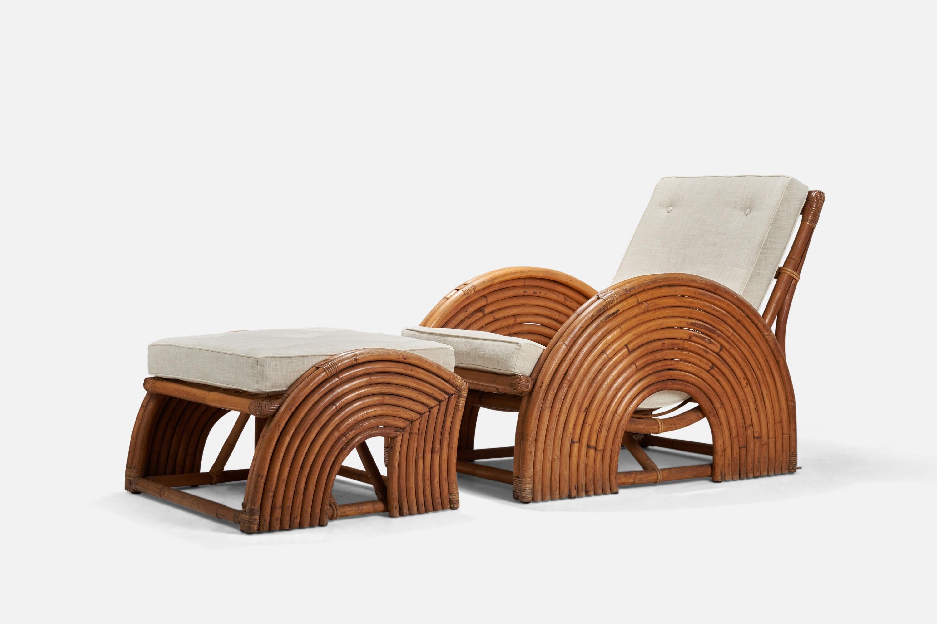 Mid-Century Modern American Designer, Lounge Chair with Ottoman, Bamboo, Rattan, Fabric, USA, 1940s