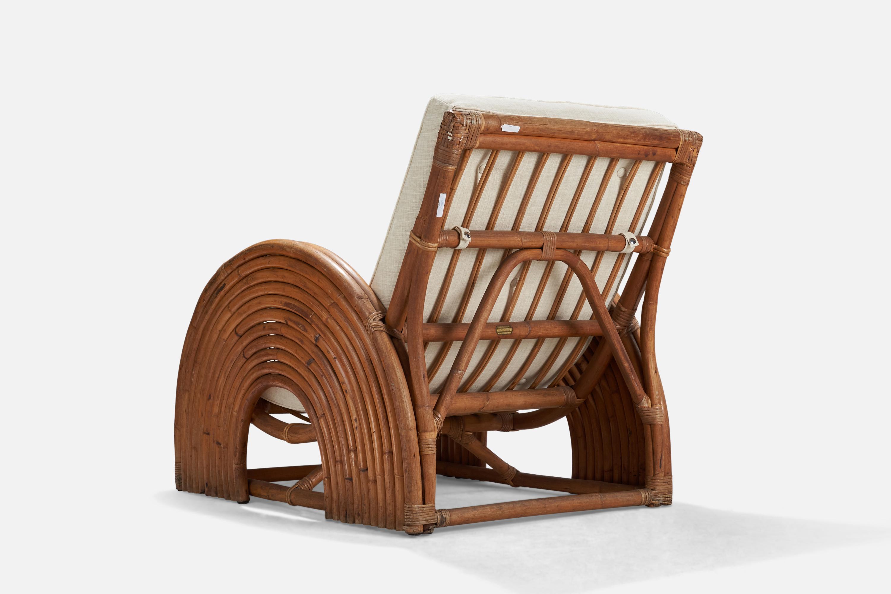 American Designer, Lounge Chair with Ottoman, Bamboo, Rattan, Fabric, USA, 1940s In Good Condition In High Point, NC
