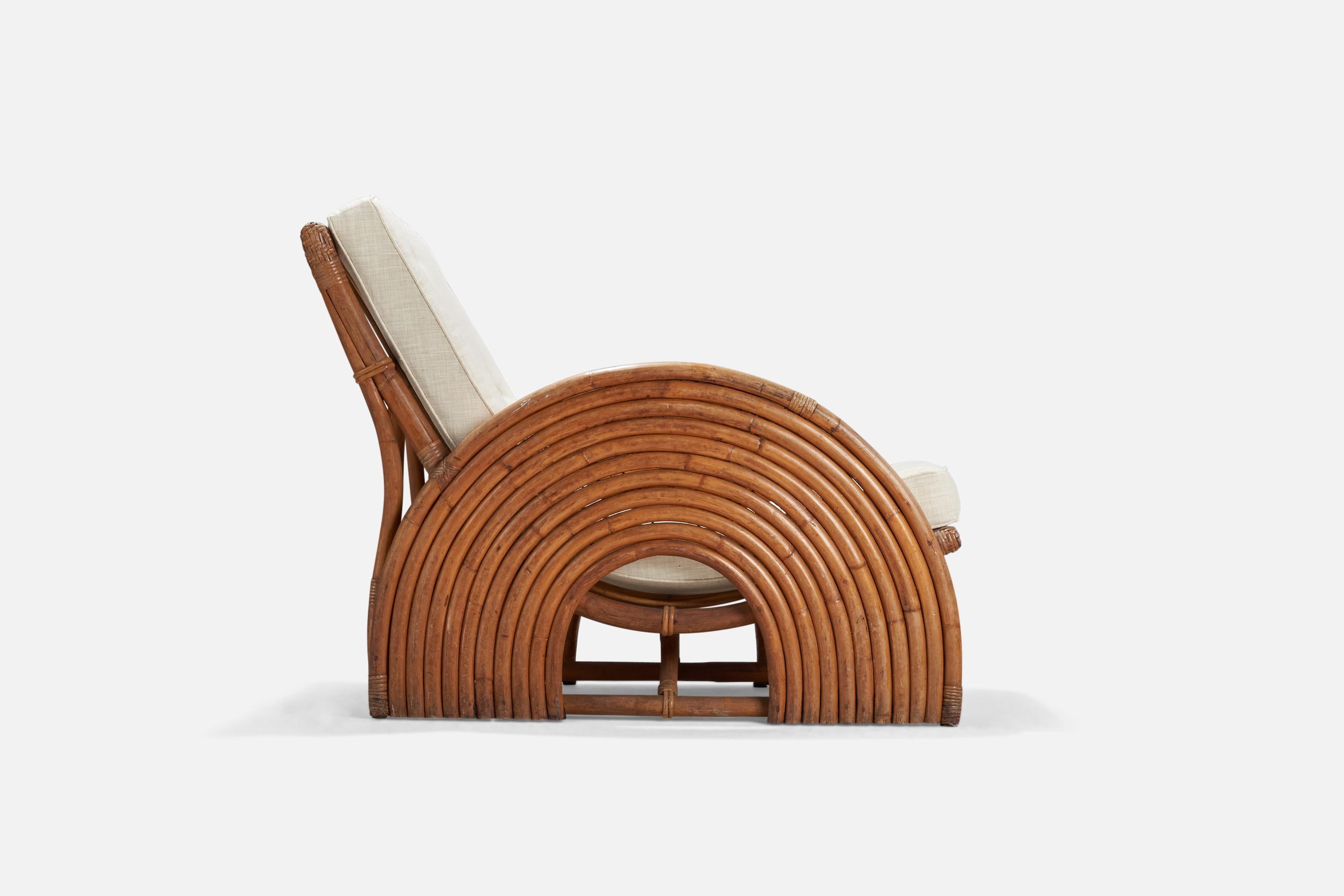 Mid-20th Century American Designer, Lounge Chair with Ottoman, Bamboo, Rattan, Fabric, USA, 1940s