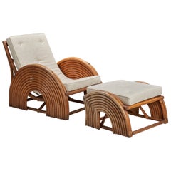 American Designer, Lounge Chair with Ottoman, Bamboo, Rattan, Fabric, USA, 1940s