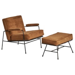Designer americano, sedia da salotto con ottomana, ferro, tessuto, USA, anni '40