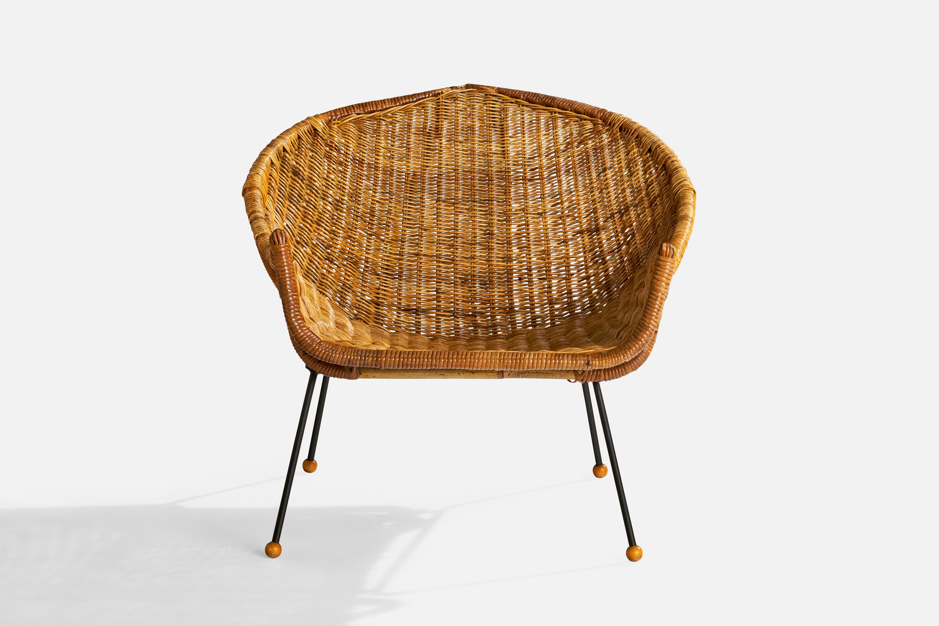 American Designer, Lounge Chair with Ottoman, Iron, Rattan, Wood, USA, 1950s For Sale 5