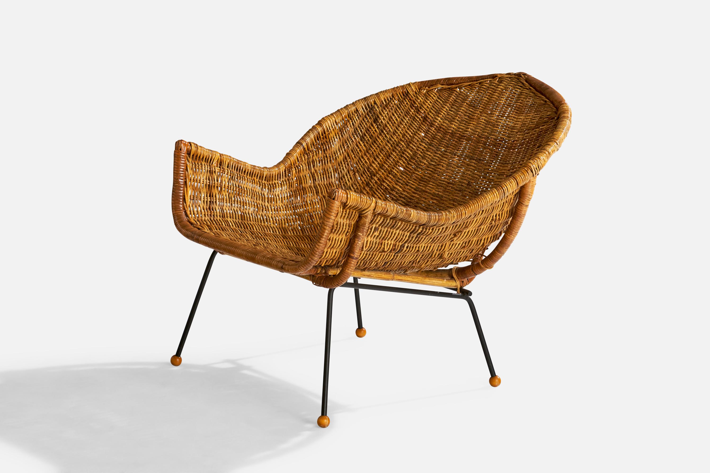 American Designer, Lounge Chair with Ottoman, Iron, Rattan, Wood, USA, 1950s For Sale 6