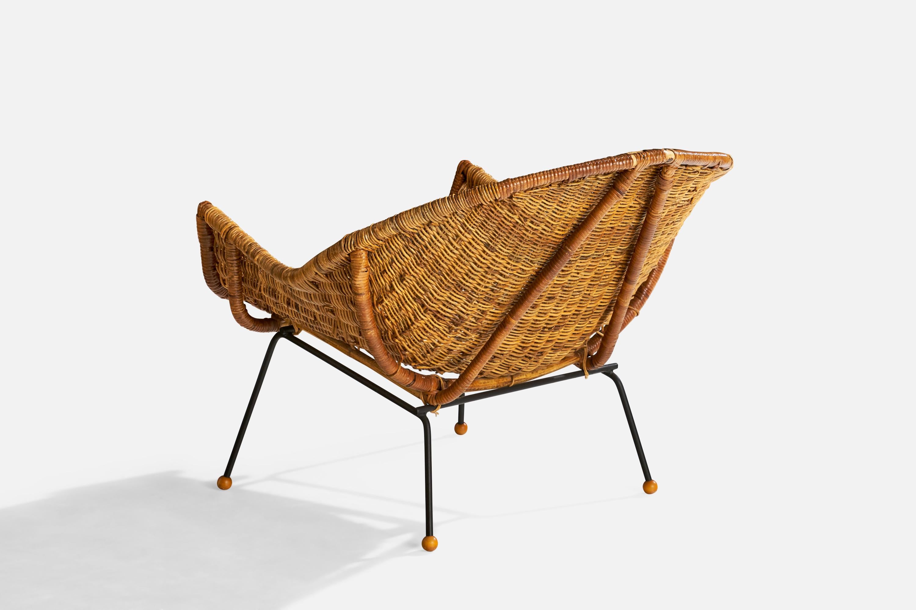 American Designer, Lounge Chair with Ottoman, Iron, Rattan, Wood, USA, 1950s For Sale 7