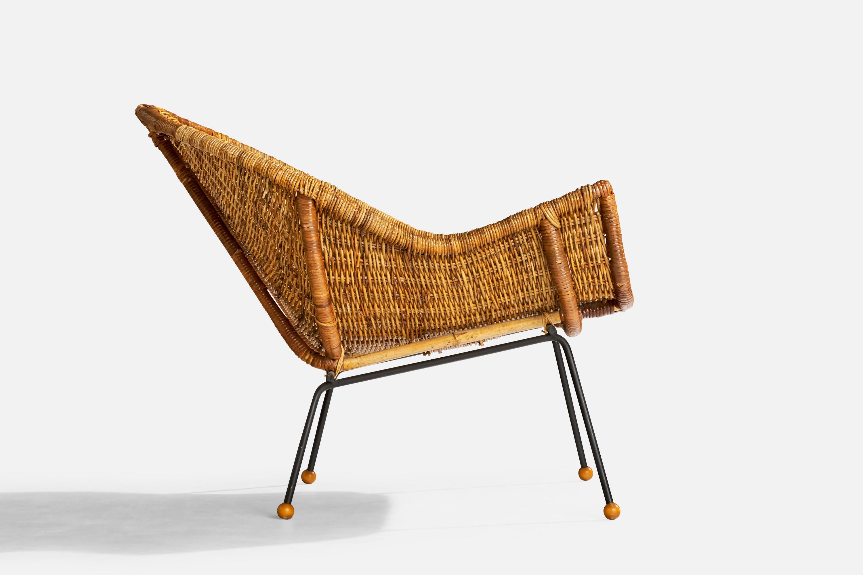 American Designer, Lounge Chair with Ottoman, Iron, Rattan, Wood, USA, 1950s For Sale 8