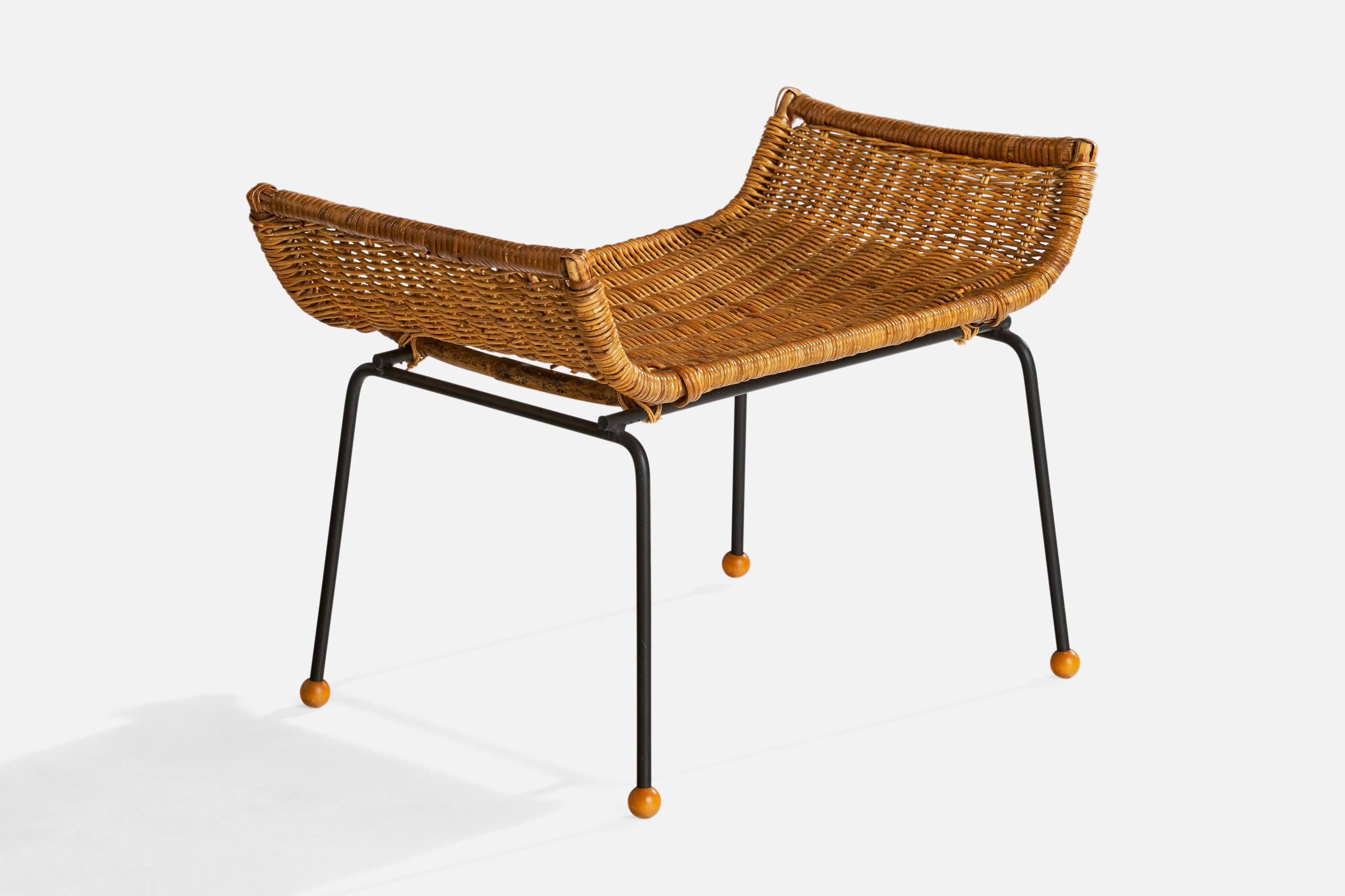 American Designer, Lounge Chair with Ottoman, Iron, Rattan, Wood, USA, 1950s For Sale 9