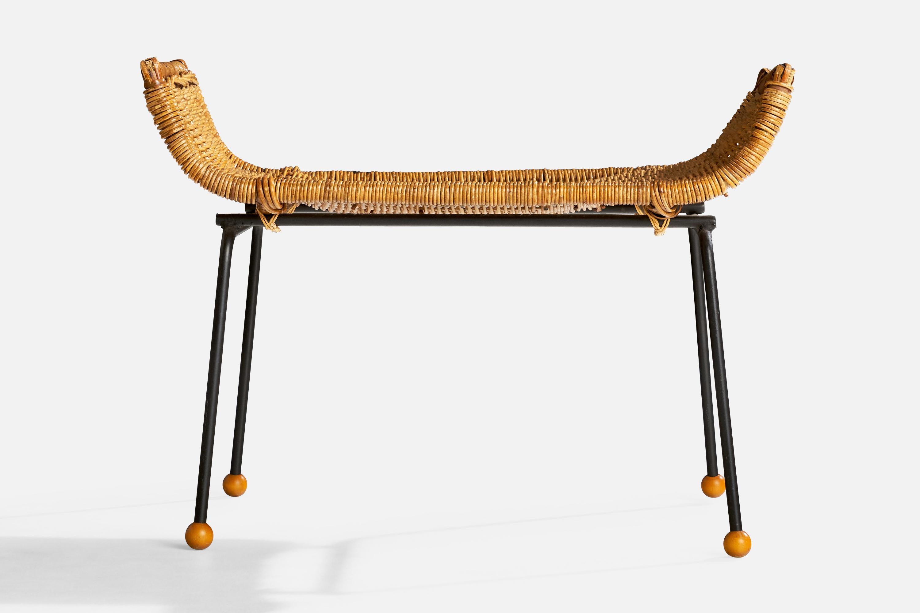 American Designer, Lounge Chair with Ottoman, Iron, Rattan, Wood, USA, 1950s For Sale 10