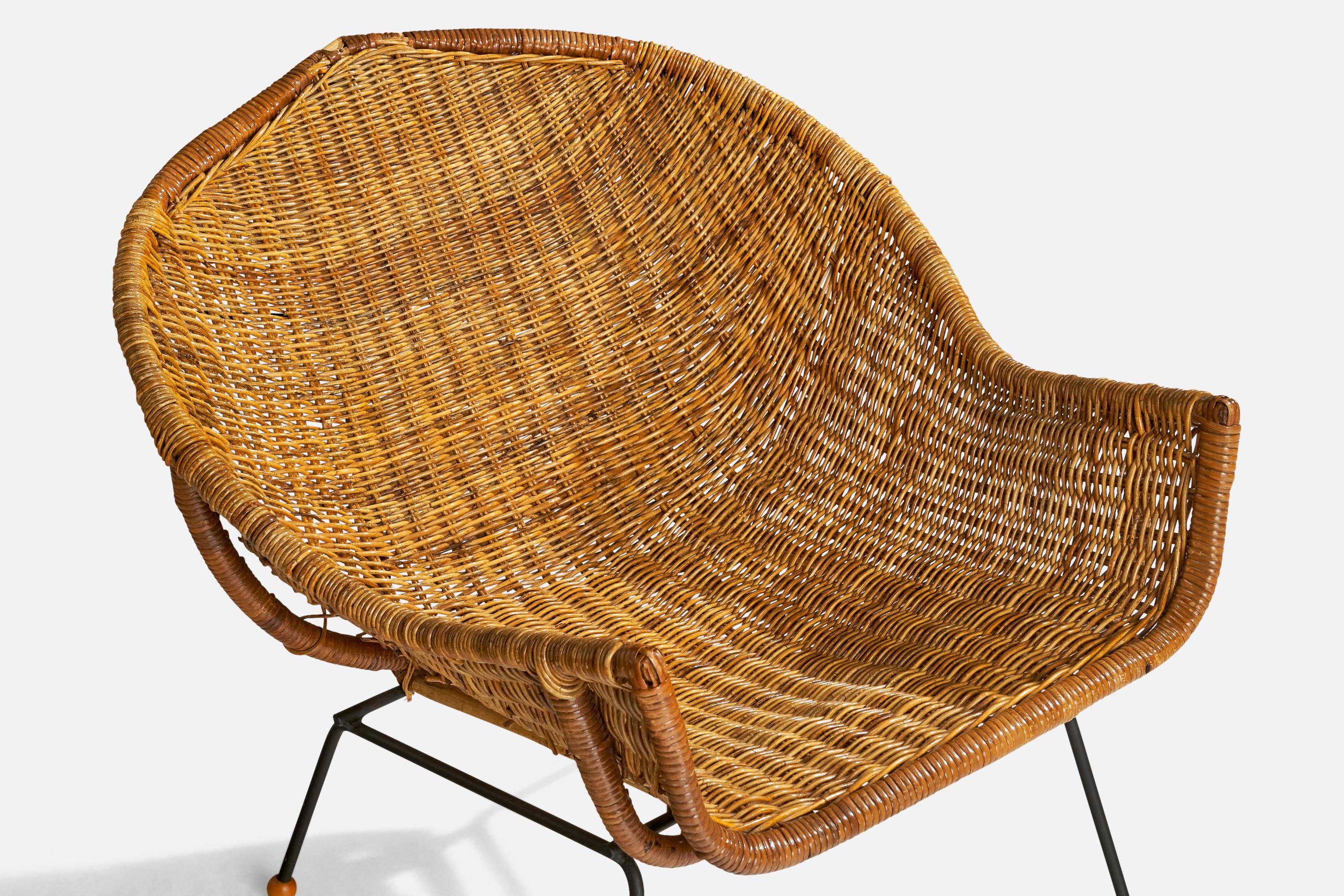 American Designer, Lounge Chair with Ottoman, Iron, Rattan, Wood, USA, 1950s For Sale 11