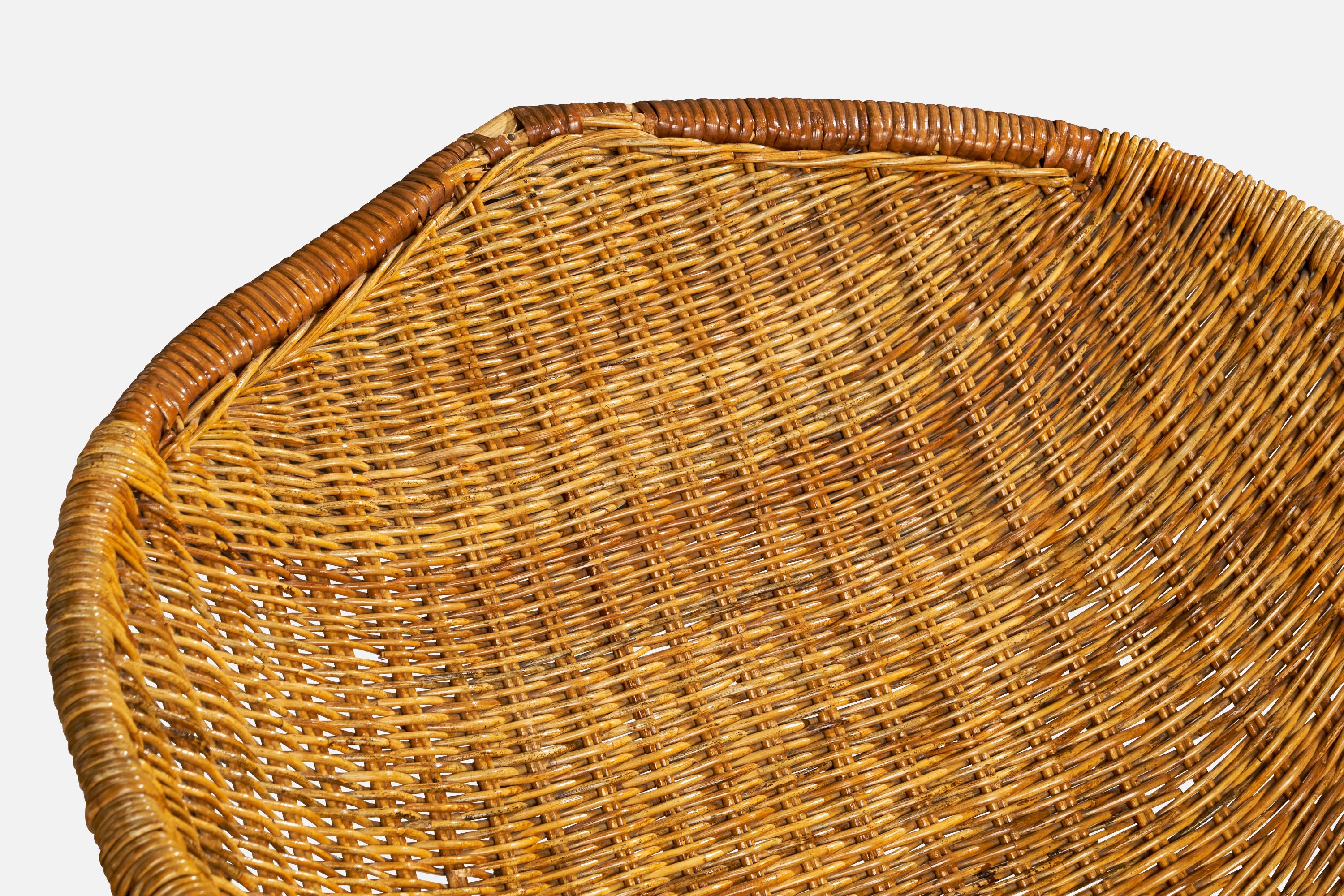 Mid-Century Modern American Designer, Lounge Chair with Ottoman, Iron, Rattan, Wood, USA, 1950s For Sale