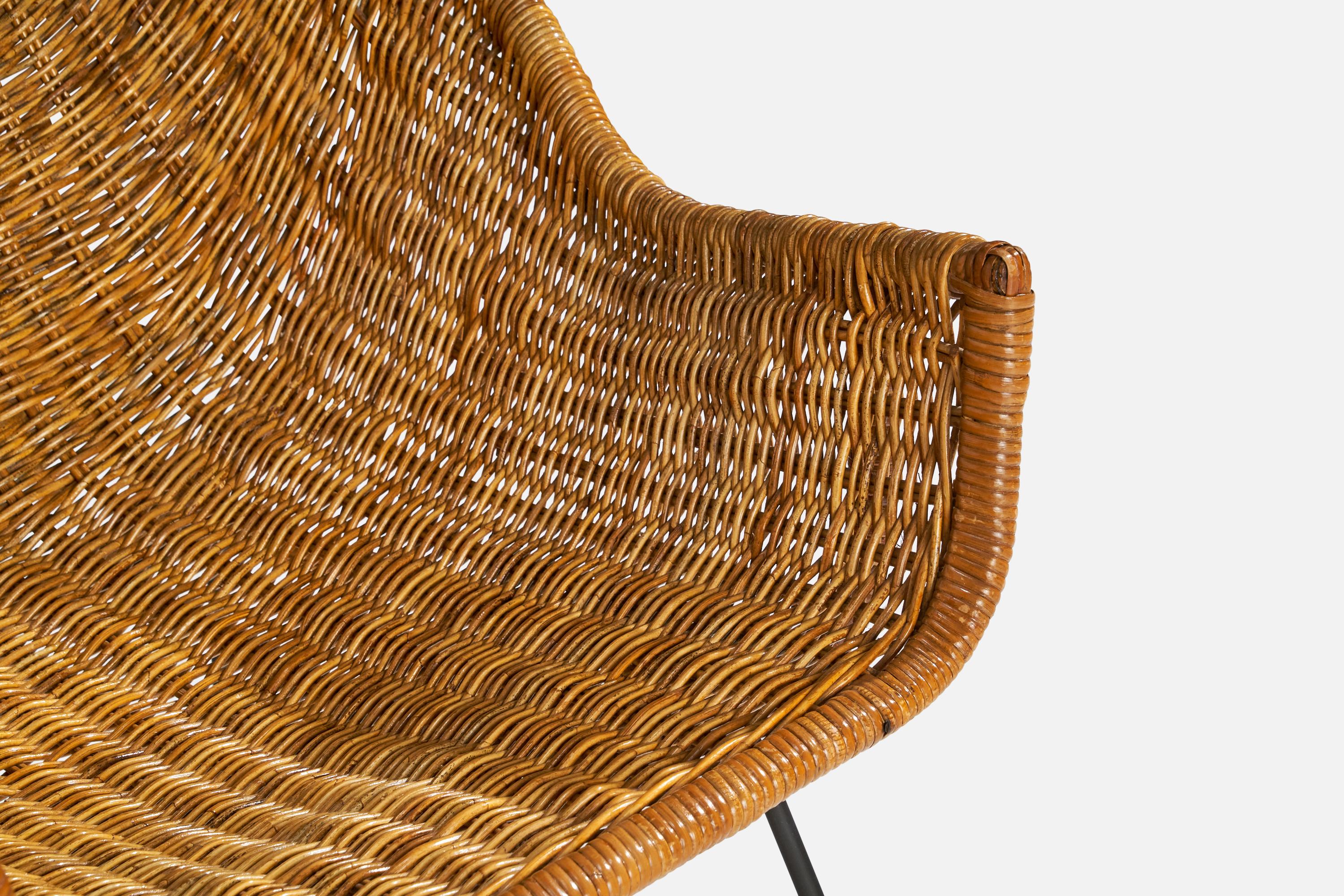 American Designer, Lounge Chair with Ottoman, Iron, Rattan, Wood, USA, 1950s In Good Condition For Sale In High Point, NC