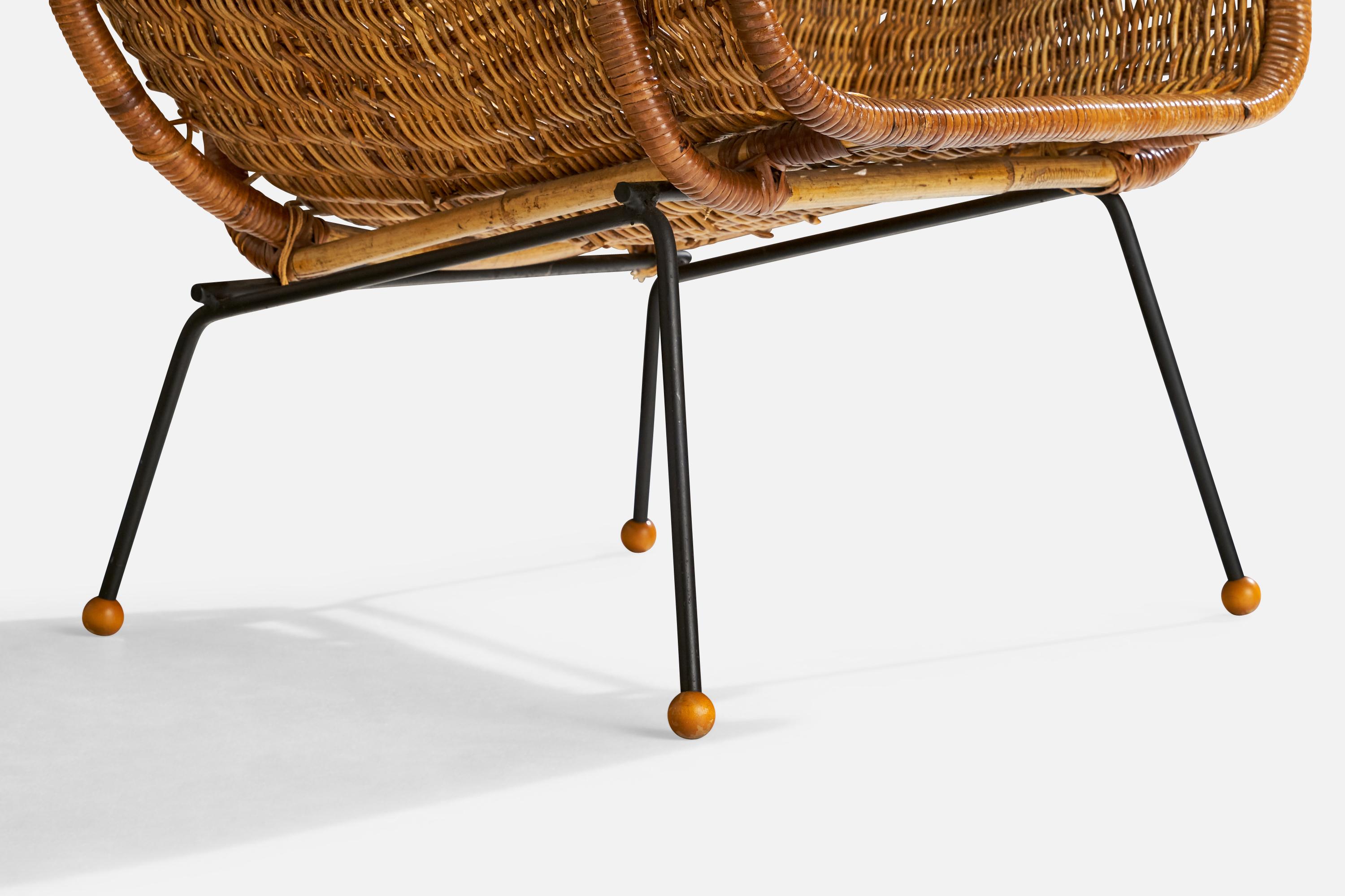 Mid-20th Century American Designer, Lounge Chair with Ottoman, Iron, Rattan, Wood, USA, 1950s For Sale