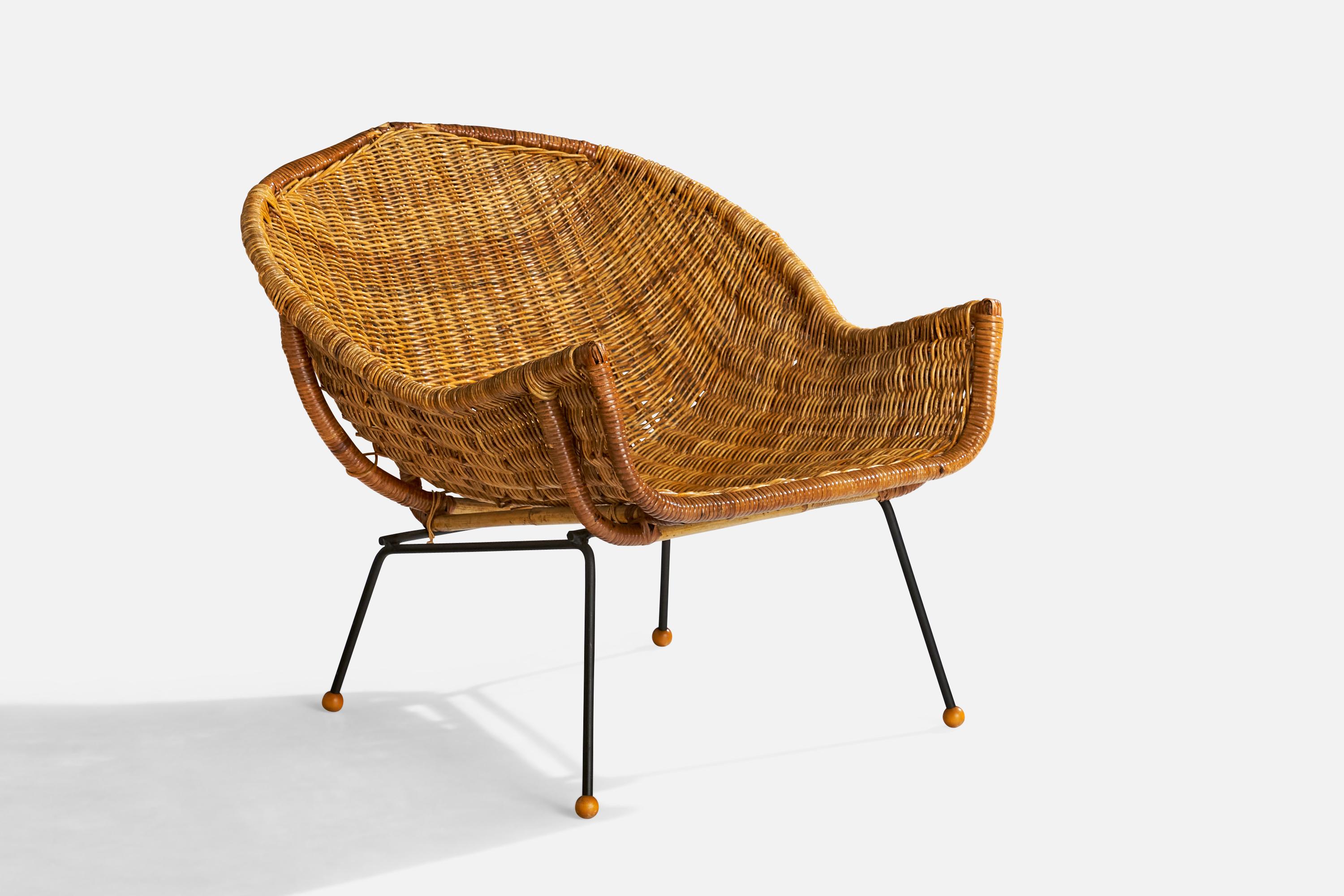 American Designer, Lounge Chair with Ottoman, Iron, Rattan, Wood, USA, 1950s For Sale 4