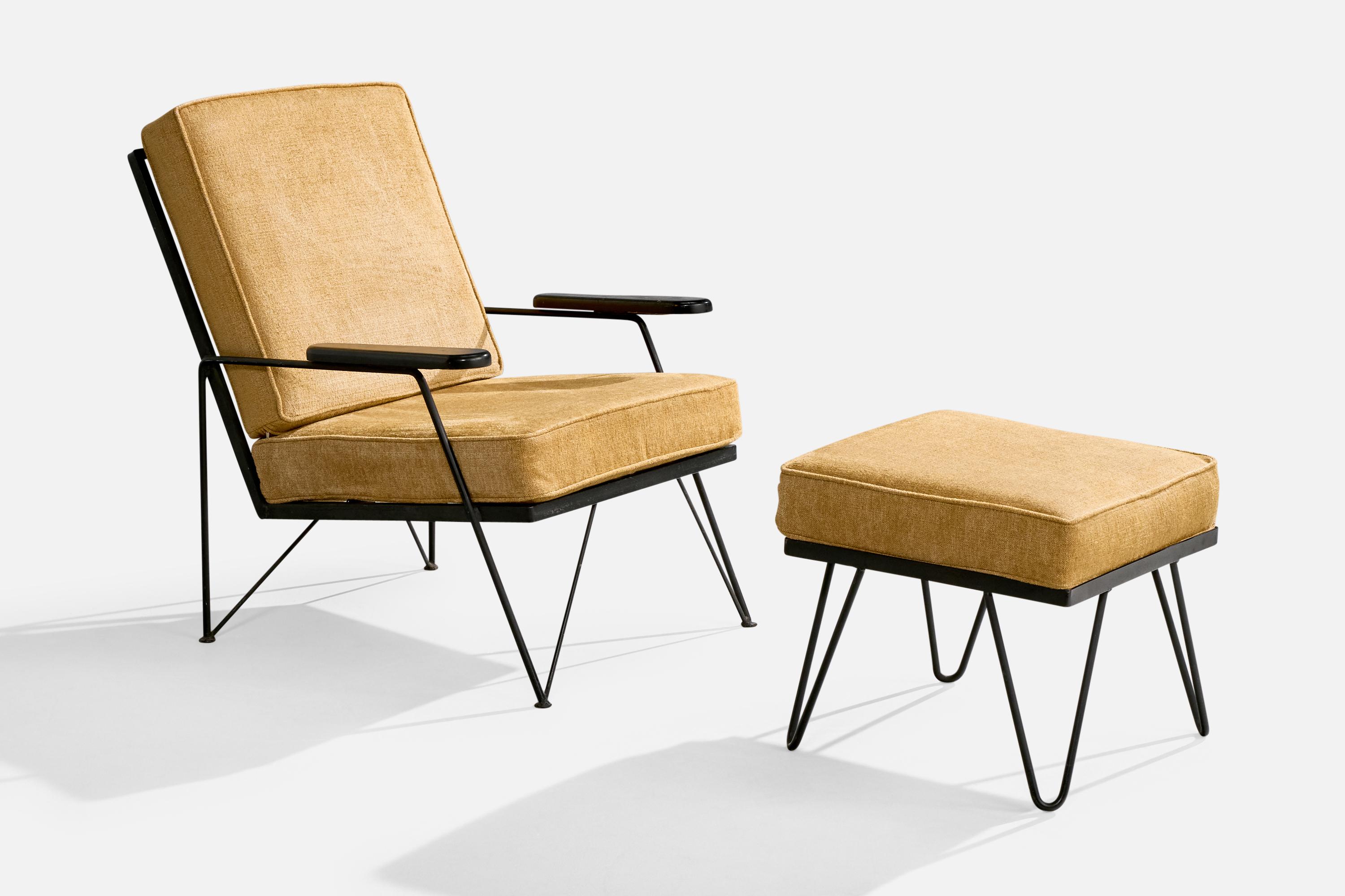 A black-lacquered iron, wood and beige velvet fabric lounge chair with ottoman designed and produced in the US, c. 1950s. 

Chair Dimensions (inches): 32” H x 26.3” W x 28.25” D

Ottoman Dimensions (inches): 16.75” H x 19” W x 19” D

Seat Height