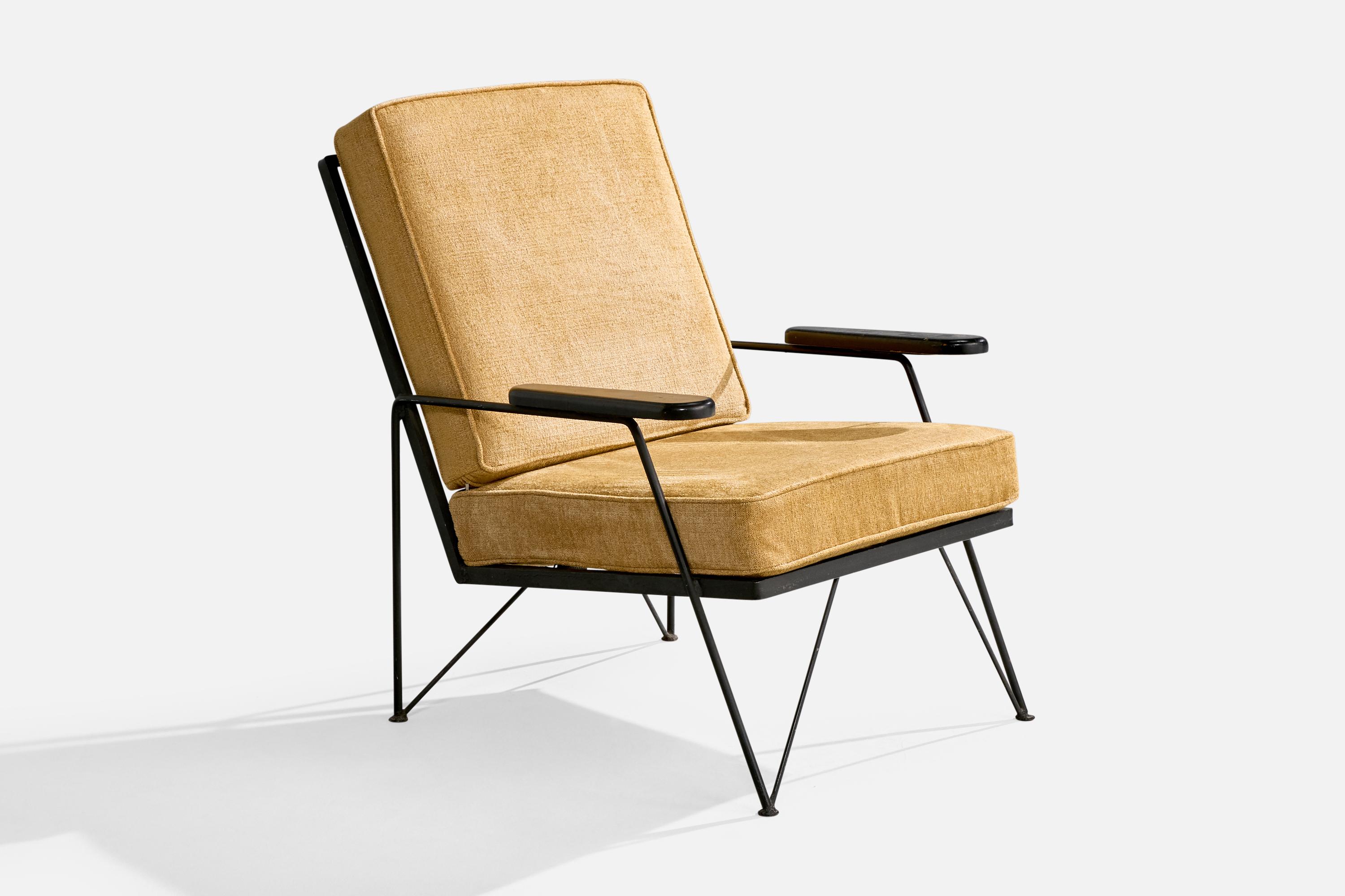 Mid-Century Modern American Designer, Lounge Chair with Ottoman, Iron, Wood, Velvet, USA, 1950s For Sale