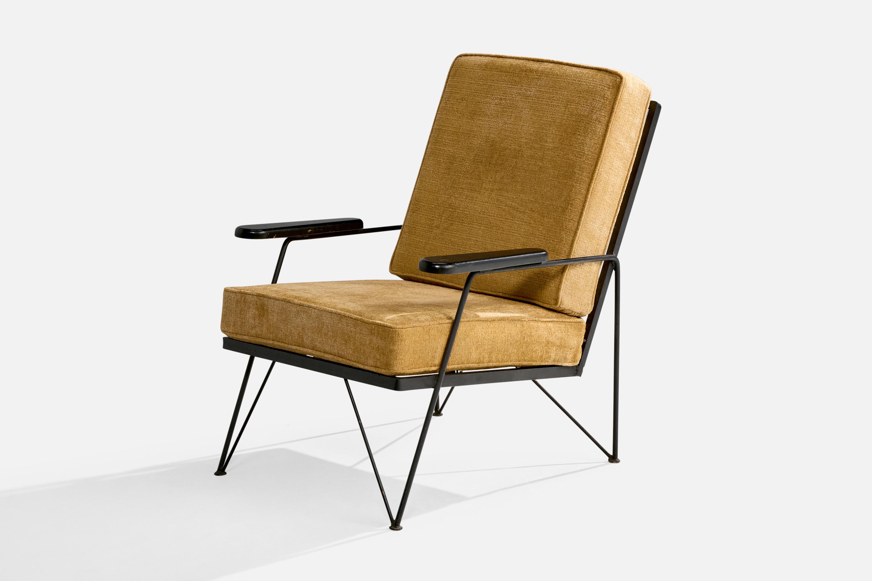 Mid-20th Century American Designer, Lounge Chair with Ottoman, Iron, Wood, Velvet, USA, 1950s For Sale
