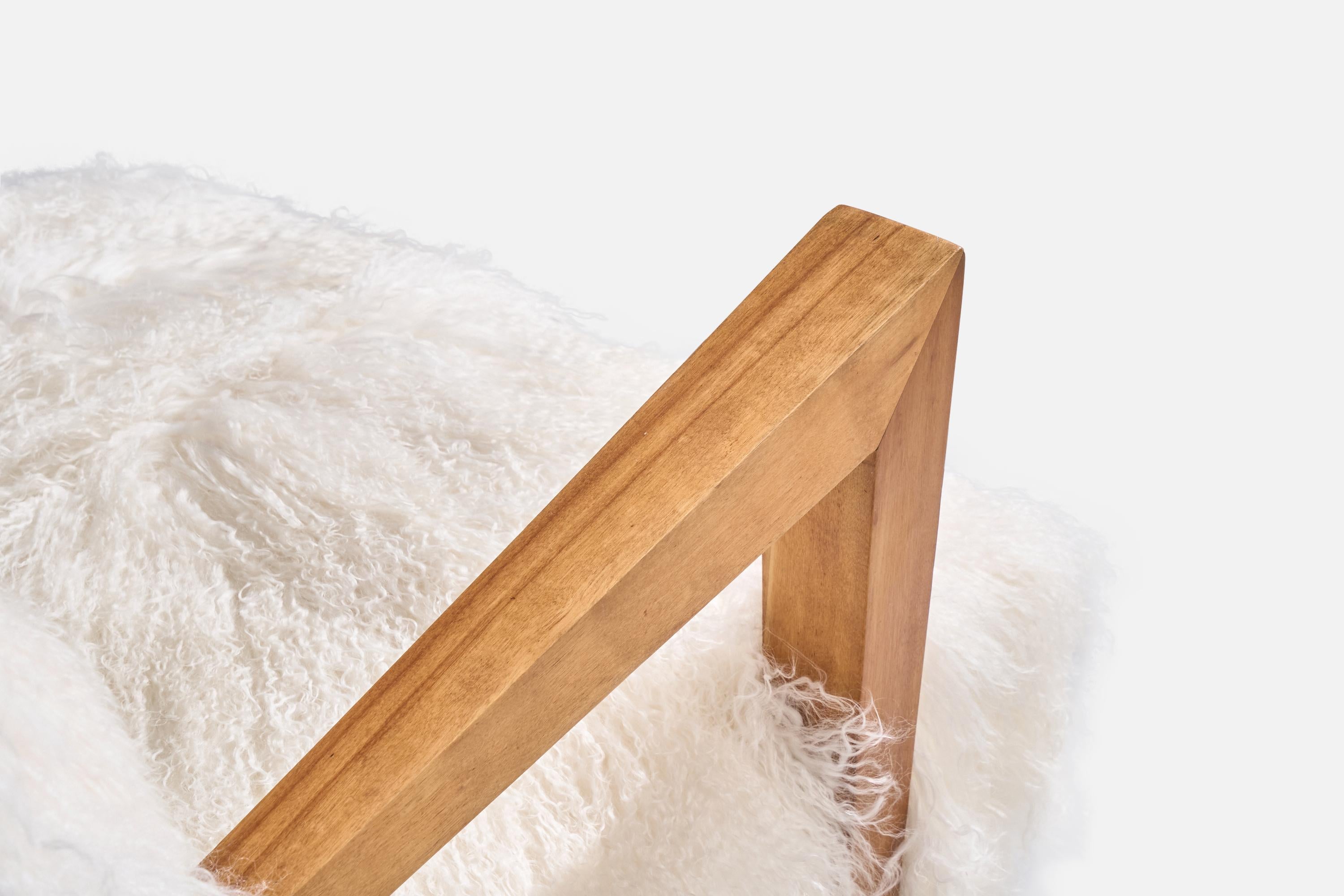 American Designer, Lounge Chair, Wood, Shearling, USA, 1940s For Sale 10