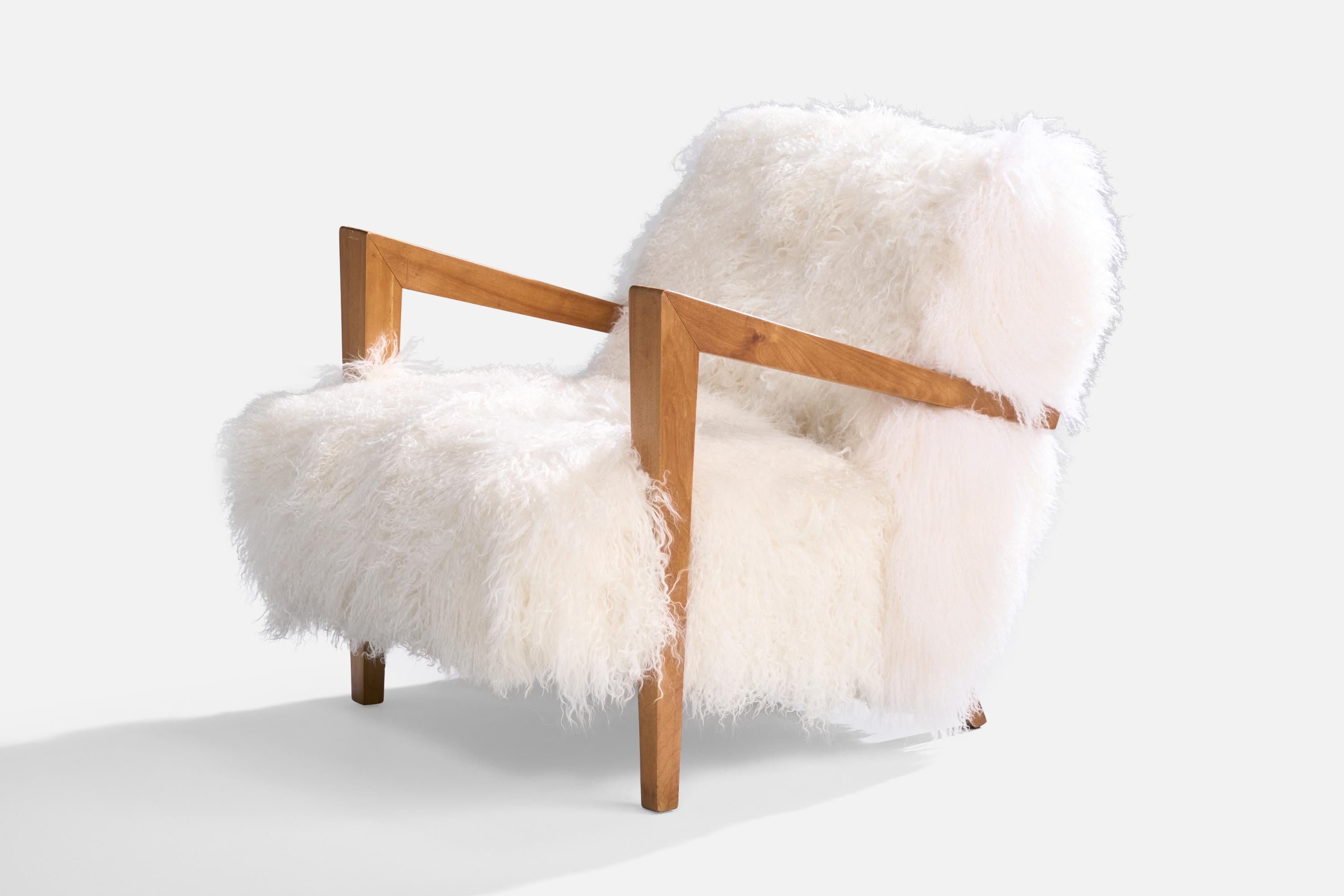 Mid-20th Century American Designer, Lounge Chair, Wood, Shearling, USA, 1940s For Sale