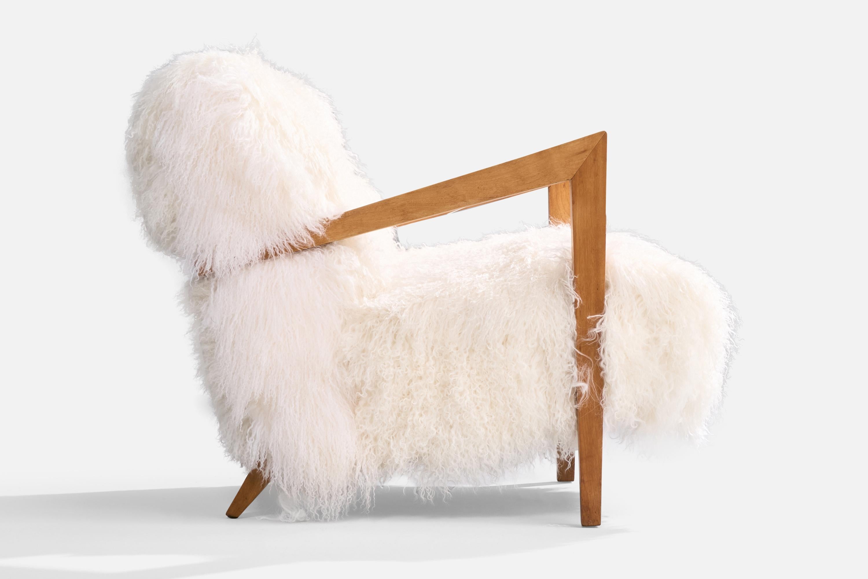 American Designer, Lounge Chair, Wood, Shearling, USA, 1940s For Sale 2
