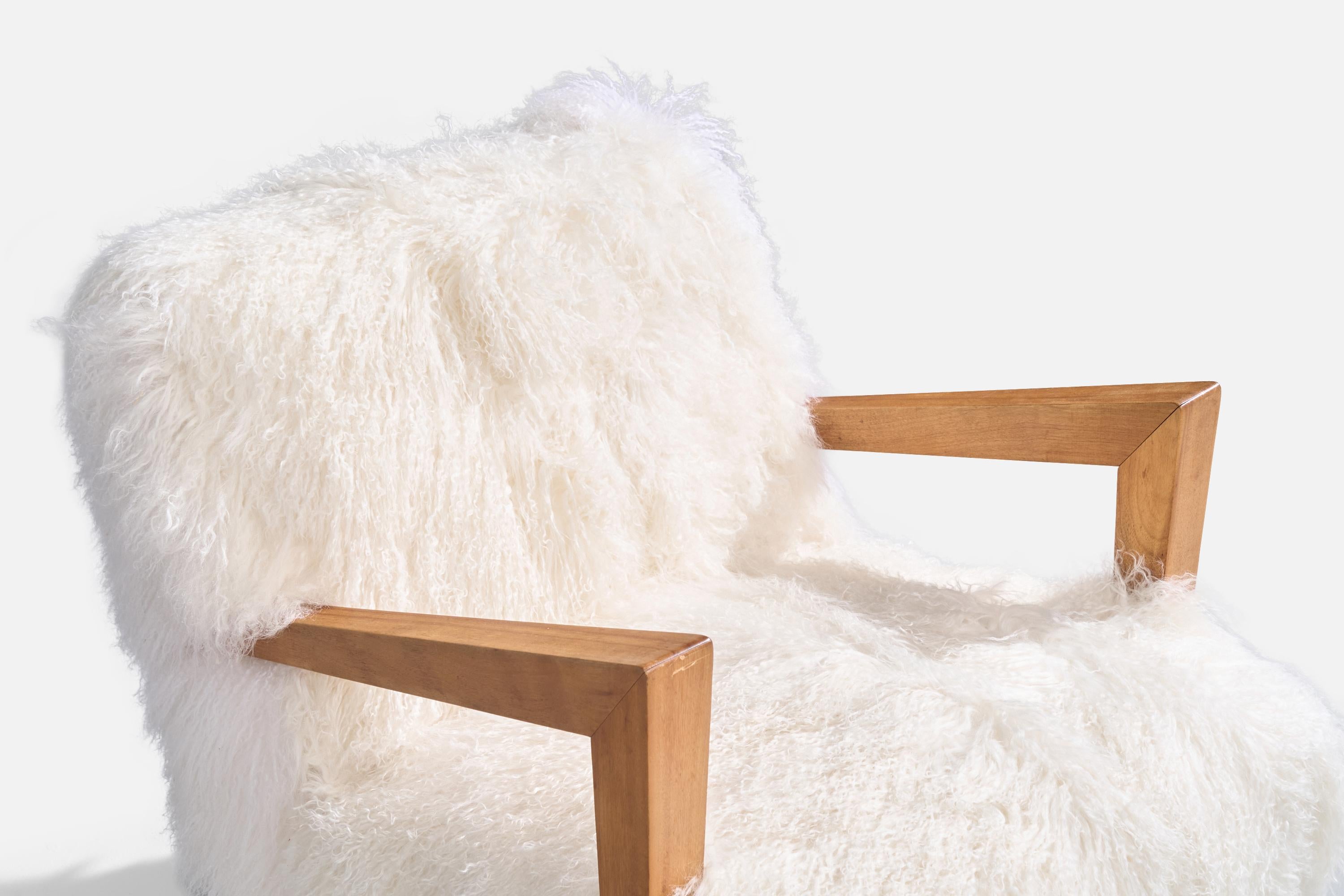 American Designer, Lounge Chair, Wood, Shearling, USA, 1940s For Sale 3