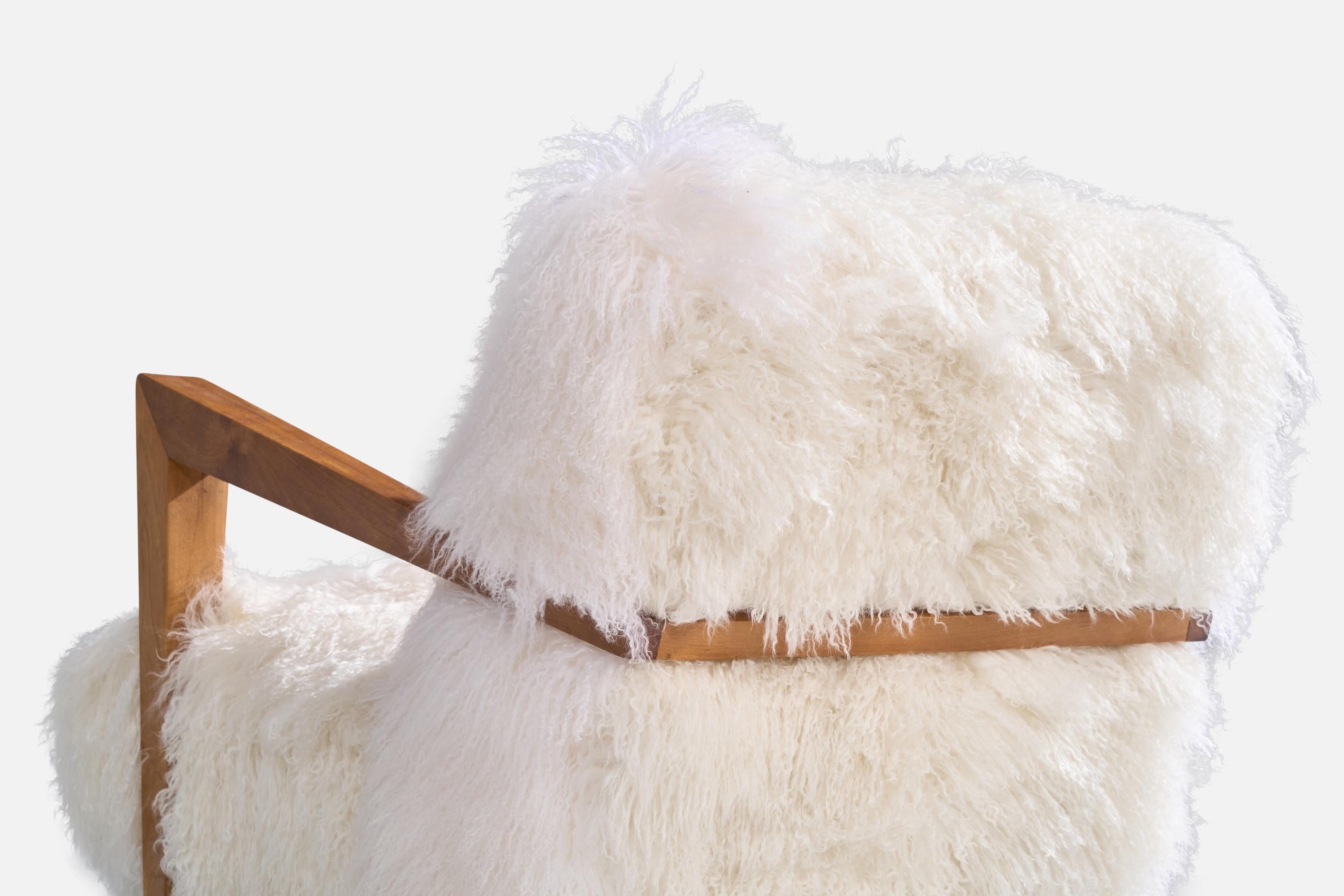 American Designer, Lounge Chair, Wood, Shearling, USA, 1940s For Sale 4